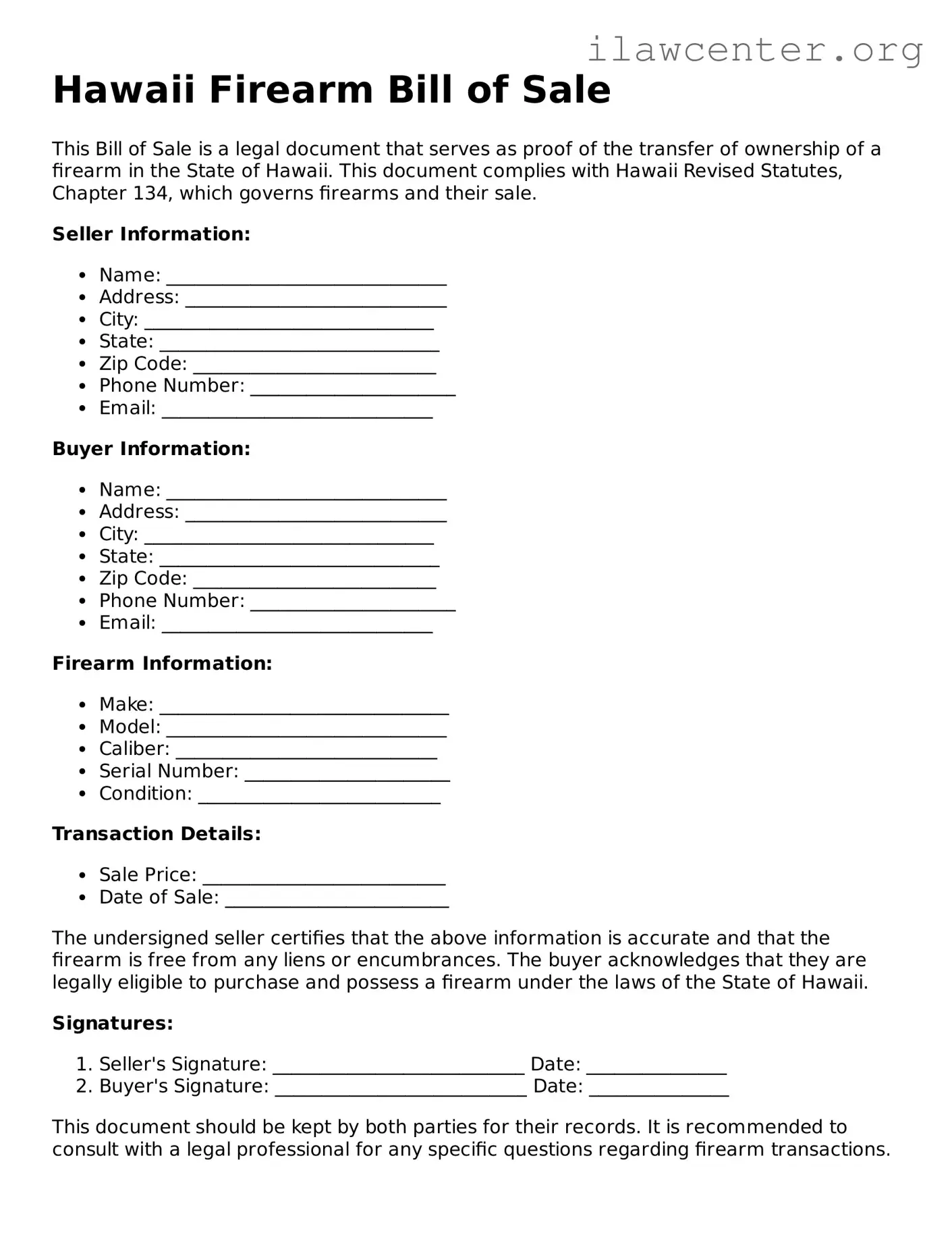 Attorney-Verified  Firearm Bill of Sale Document for Hawaii
