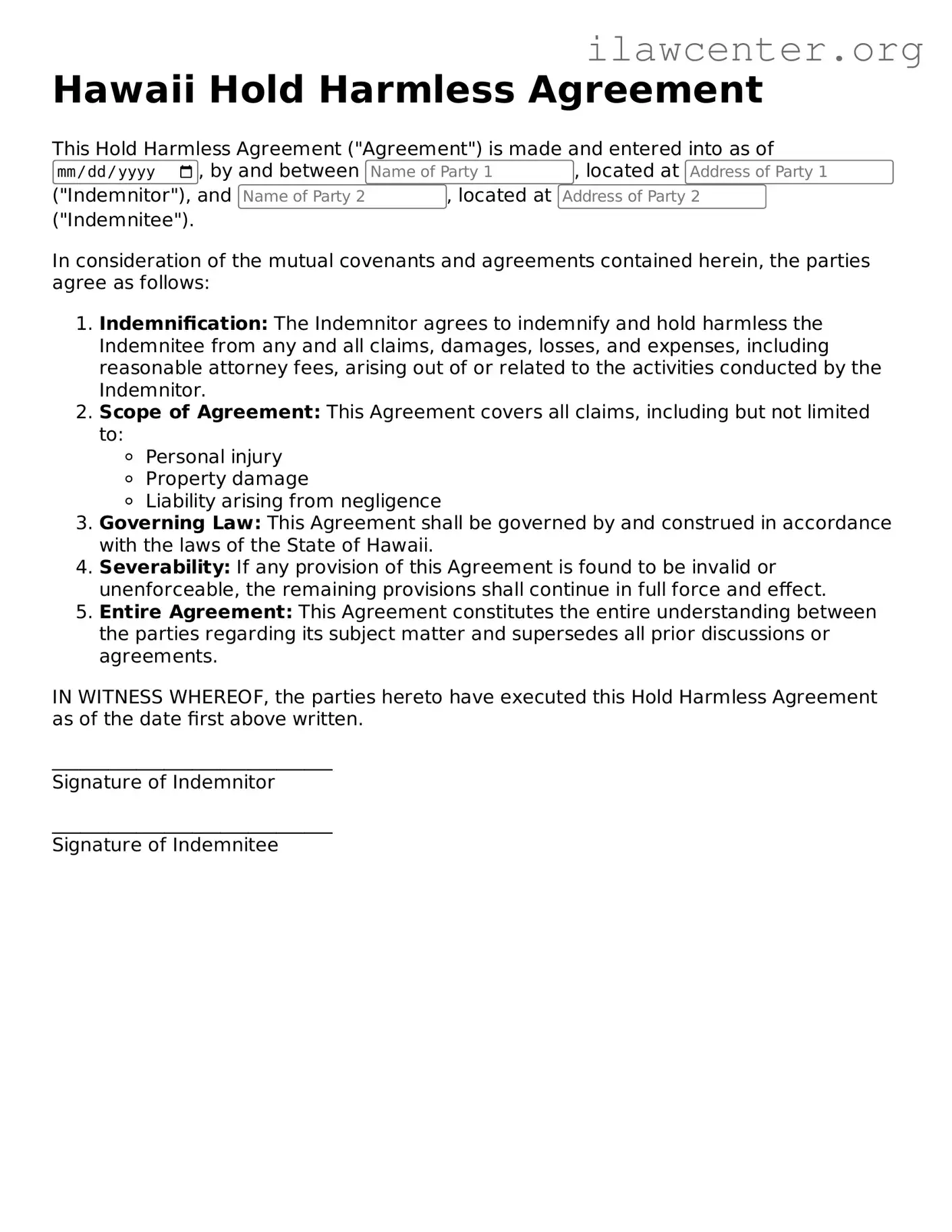 Attorney-Verified  Hold Harmless Agreement Document for Hawaii