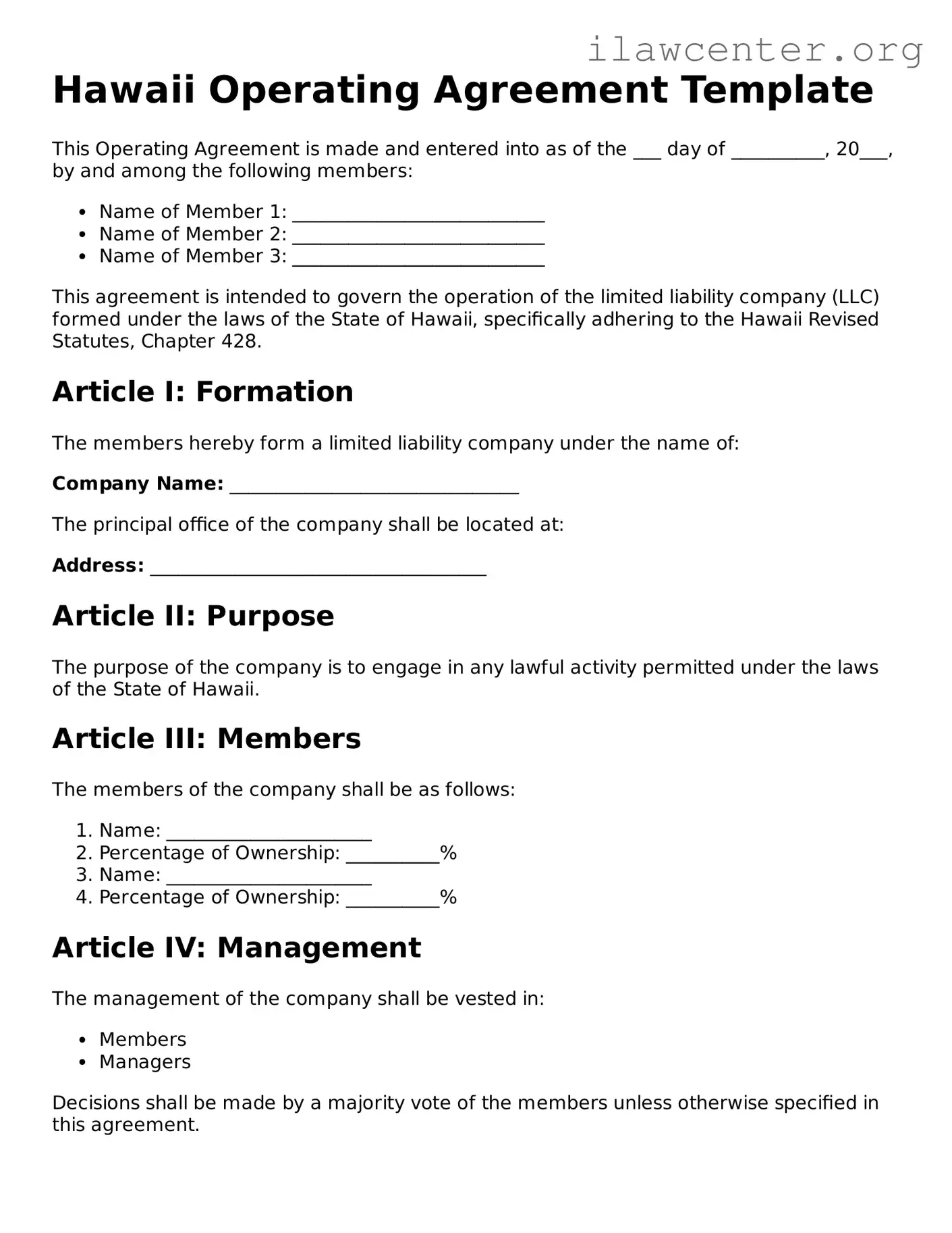 Attorney-Verified  Operating Agreement Document for Hawaii