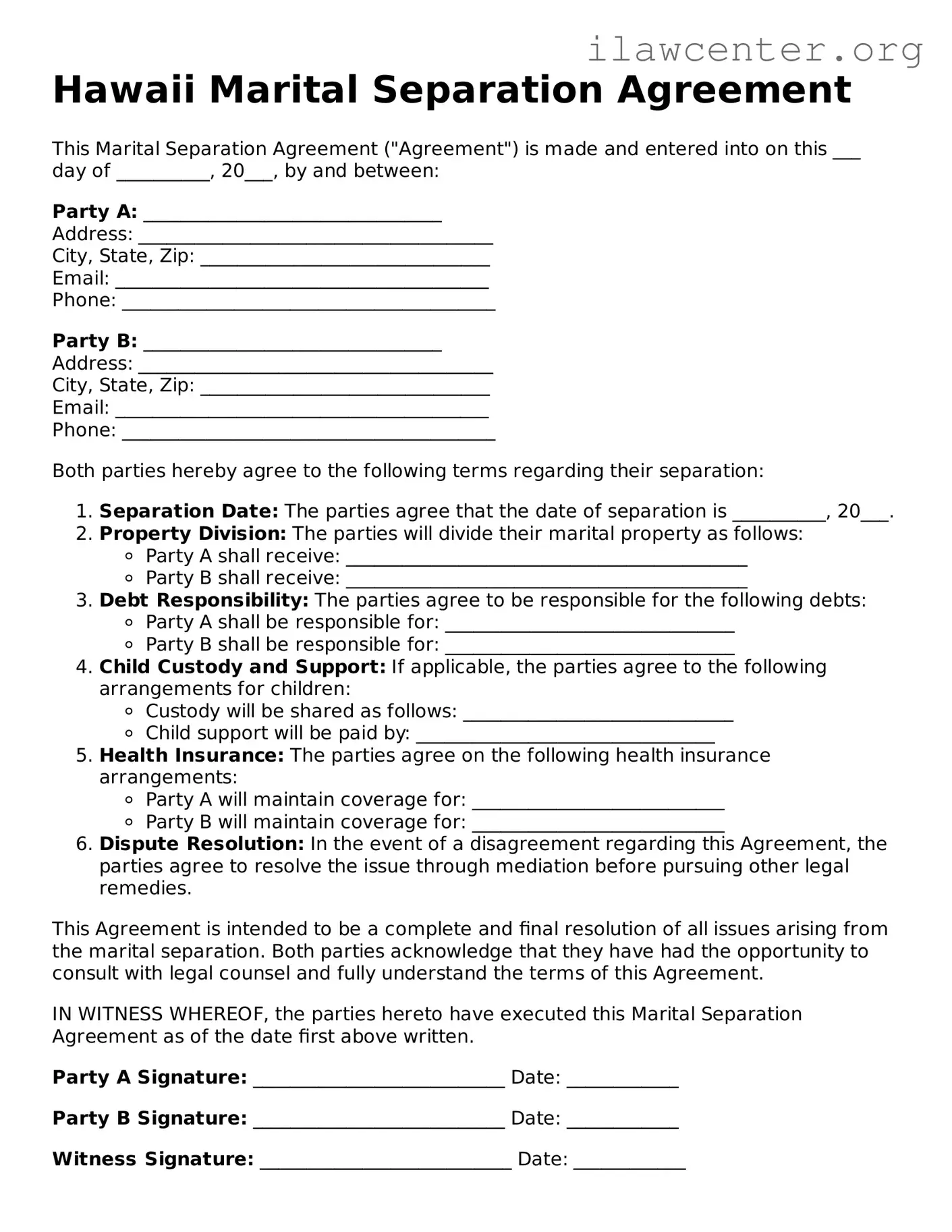 Attorney-Verified  Marital Separation Agreement Document for Hawaii