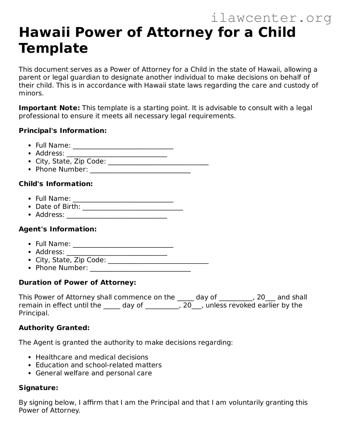 Attorney-Verified  Power of Attorney for a Child Document for Hawaii