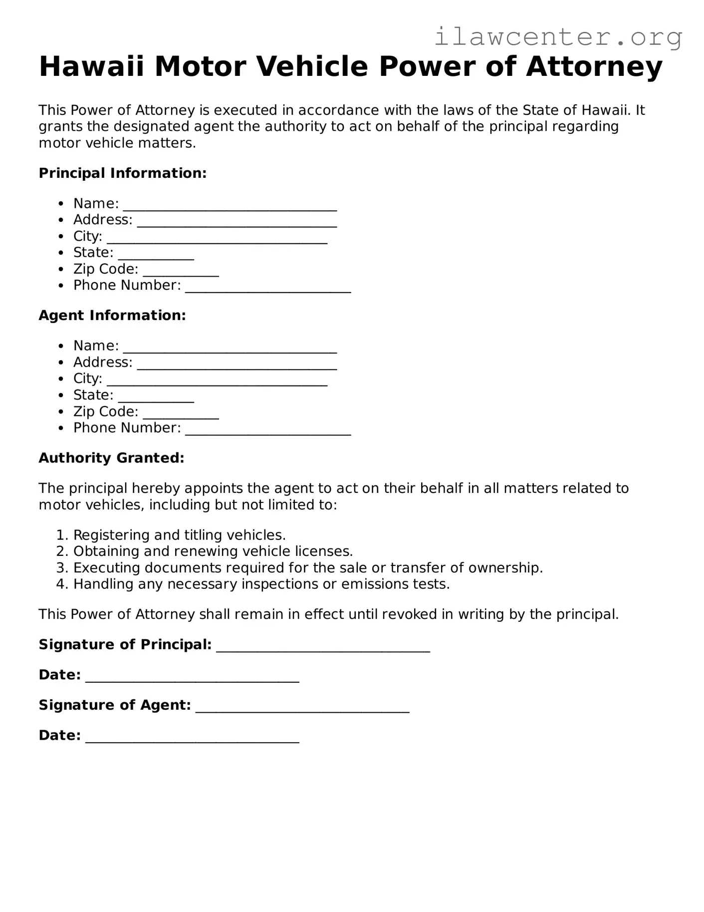 Attorney-Verified  Motor Vehicle Power of Attorney Document for Hawaii