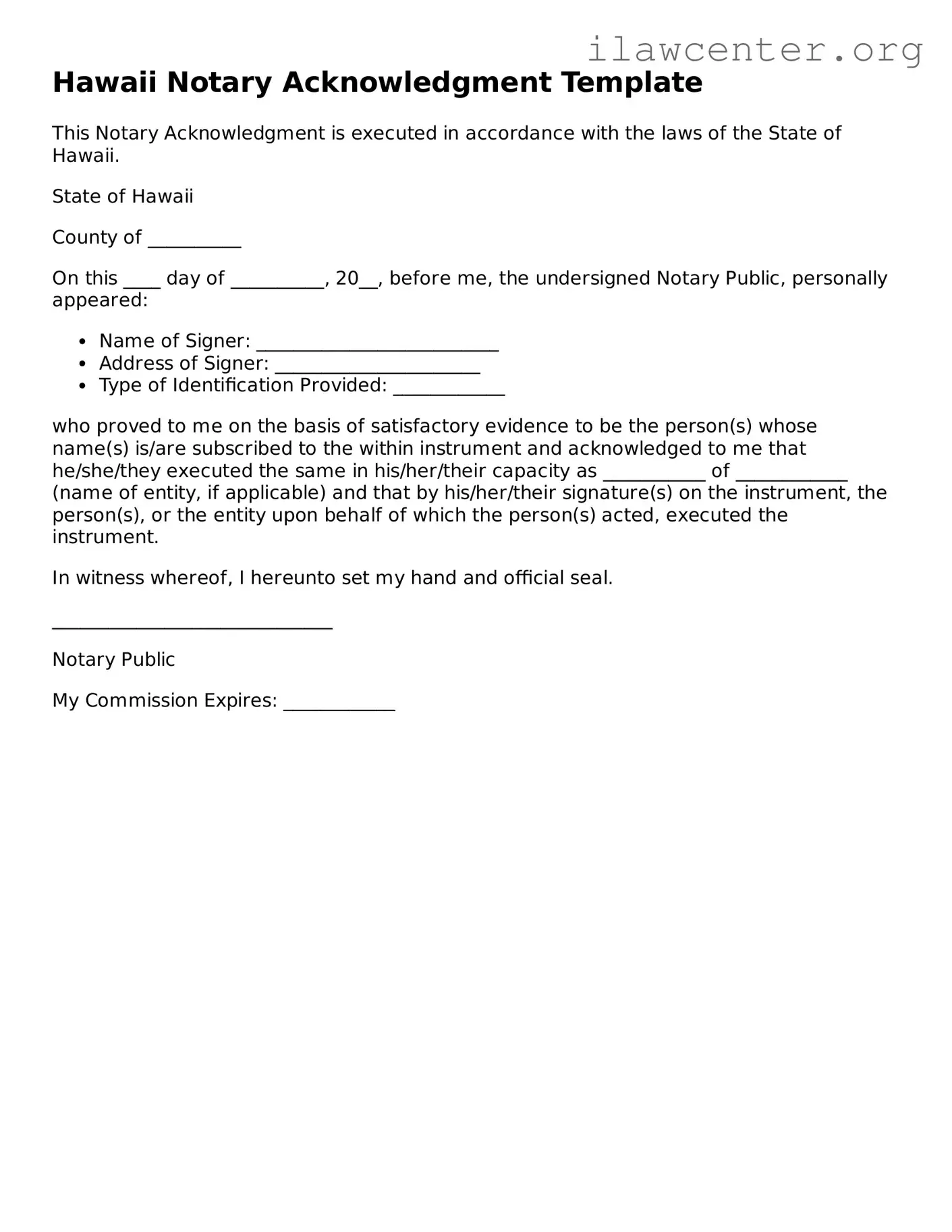 Attorney-Verified  Notary Acknowledgement Document for Hawaii