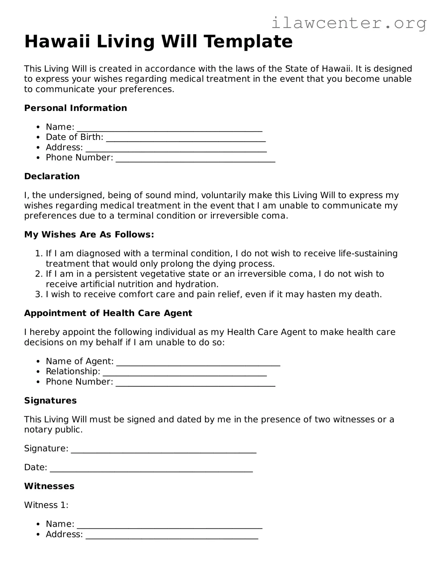 Attorney-Verified  Living Will Document for Hawaii