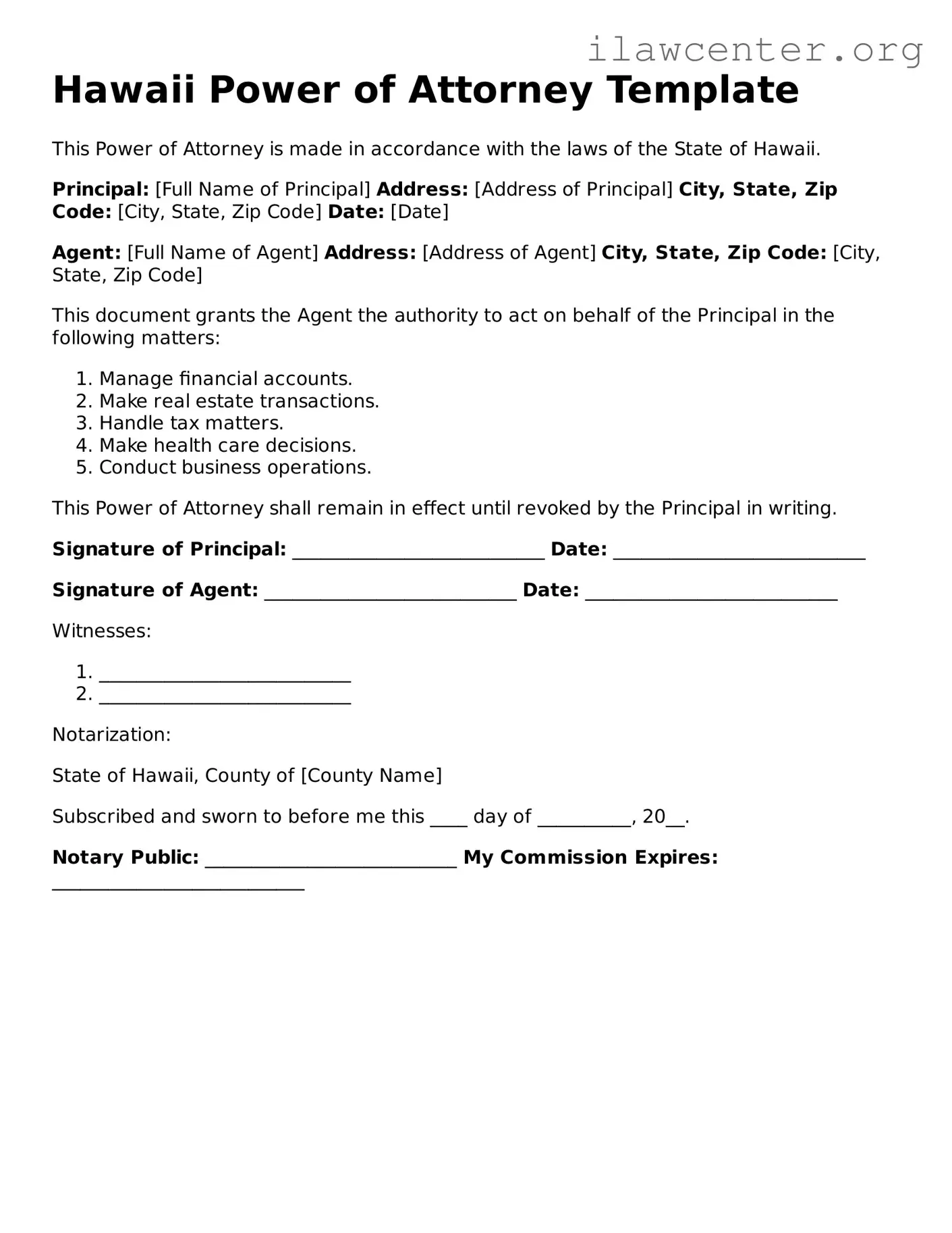 Attorney-Verified  Power of Attorney Document for Hawaii