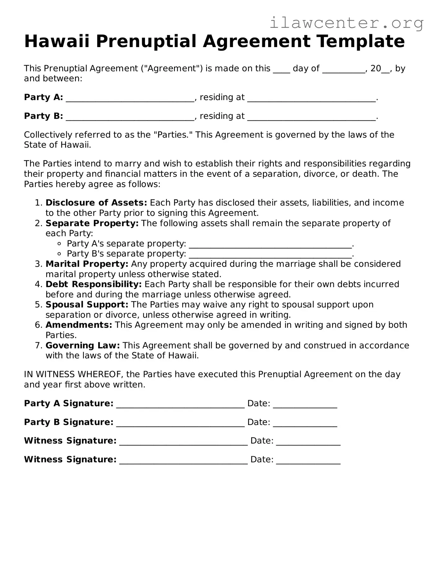 Attorney-Verified  Prenuptial Agreement Document for Hawaii