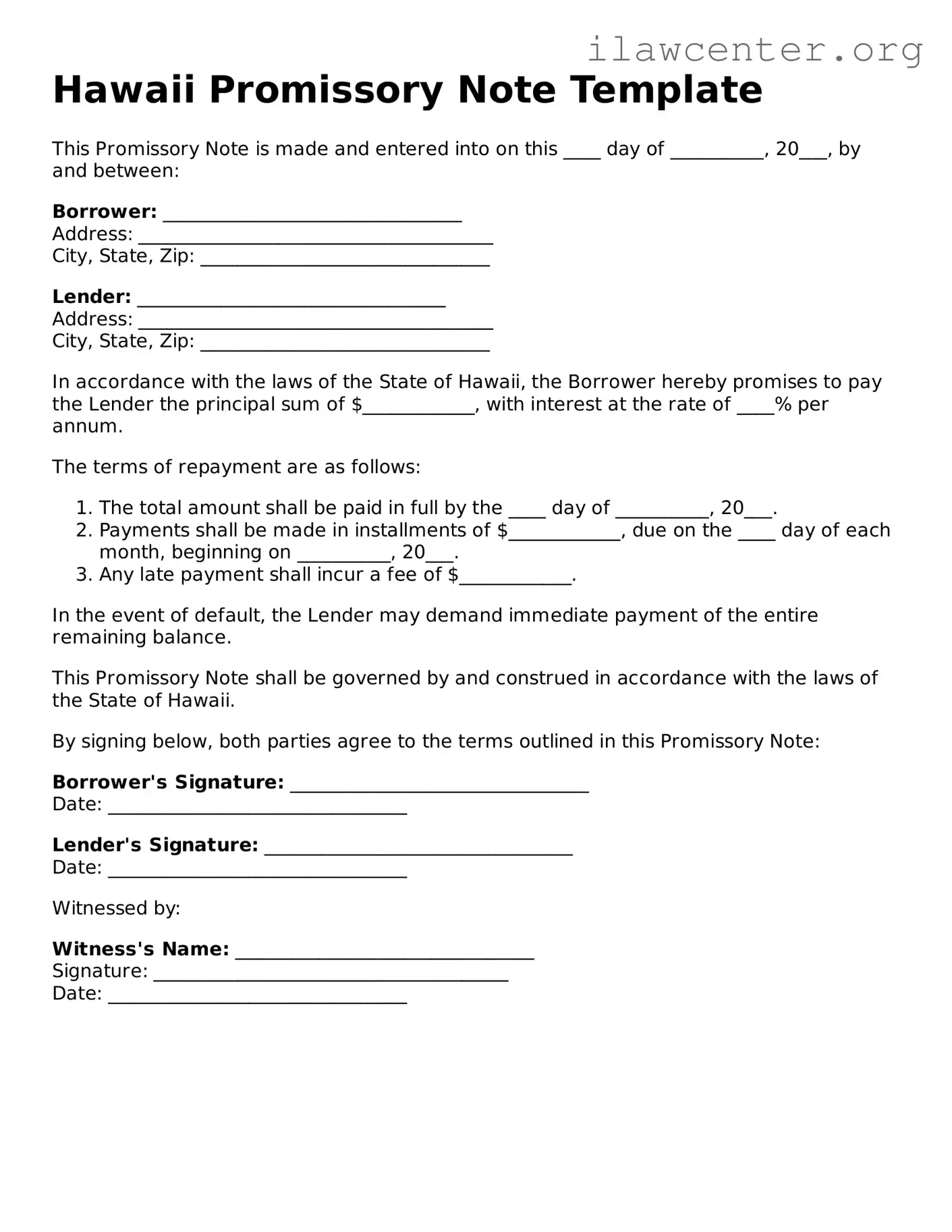 Attorney-Verified  Promissory Note Document for Hawaii