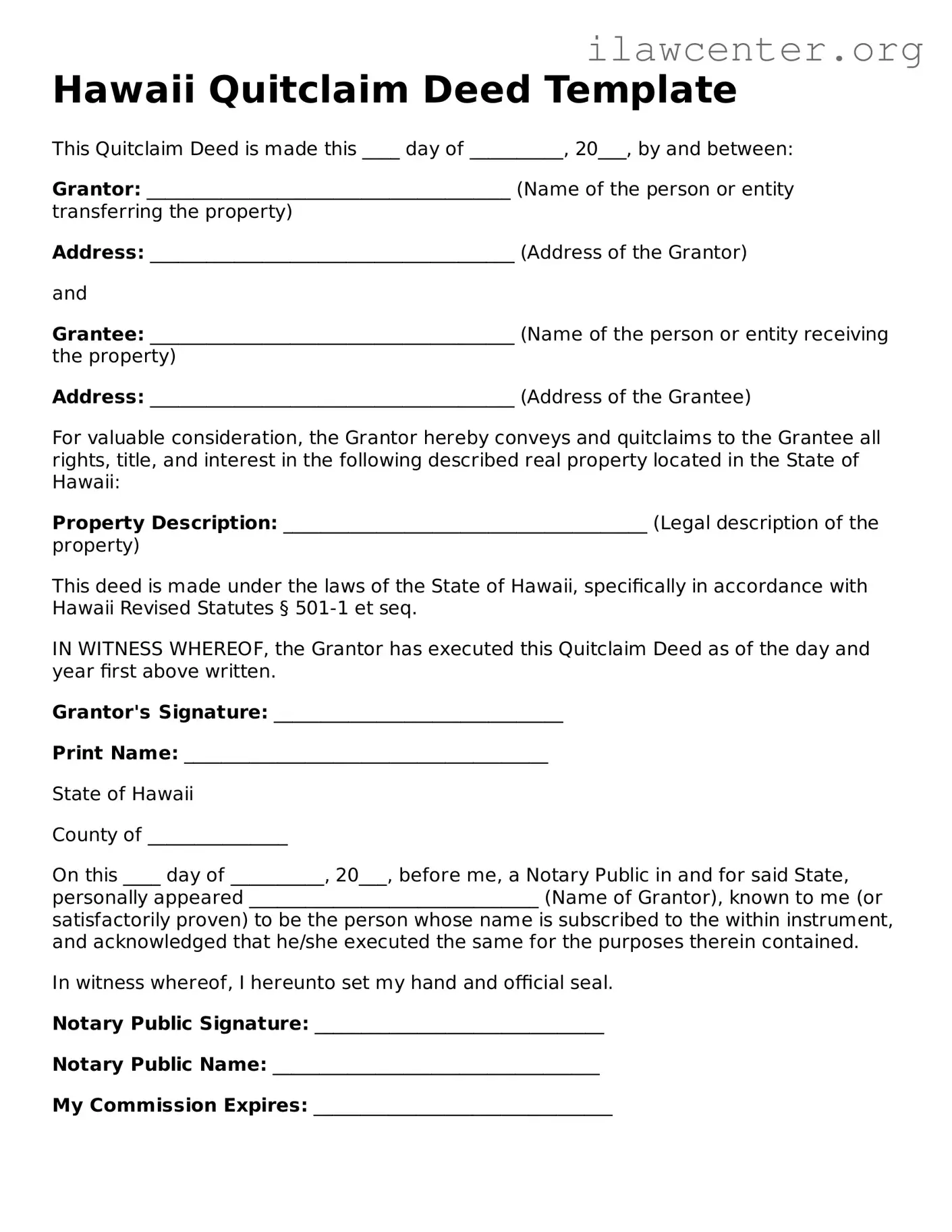 Attorney-Verified  Quitclaim Deed Document for Hawaii