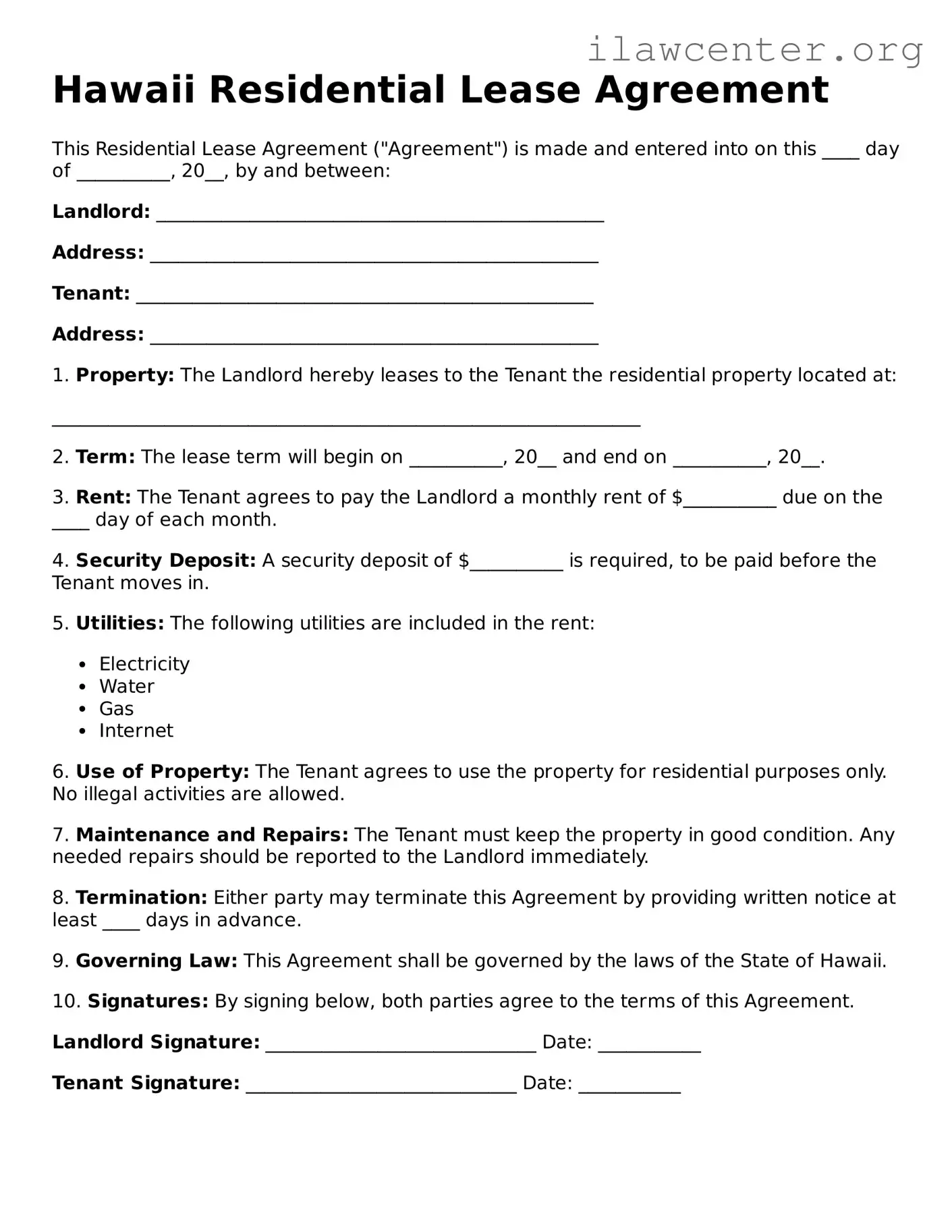 Attorney-Verified  Residential Lease Agreement Document for Hawaii