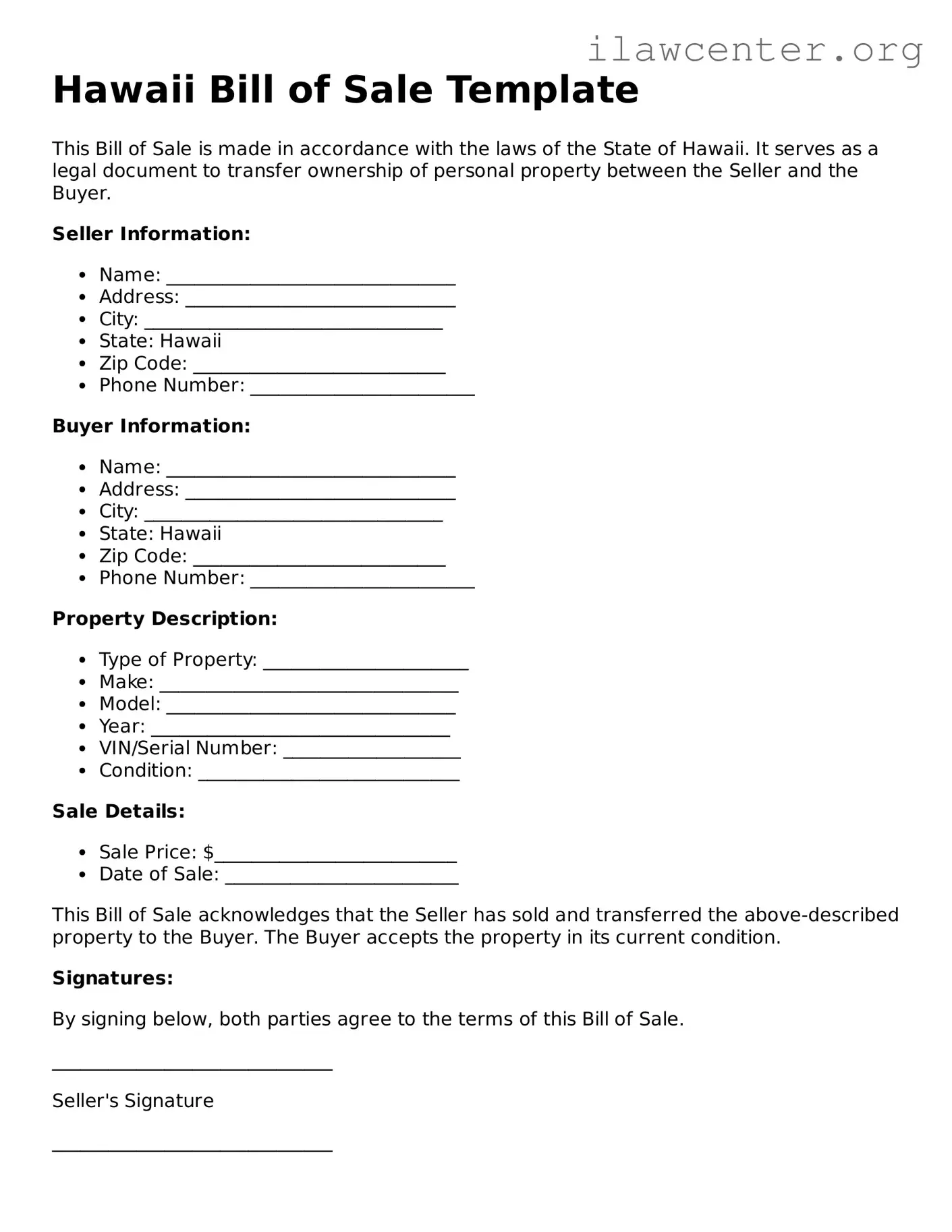 Attorney-Verified  Bill of Sale Document for Hawaii