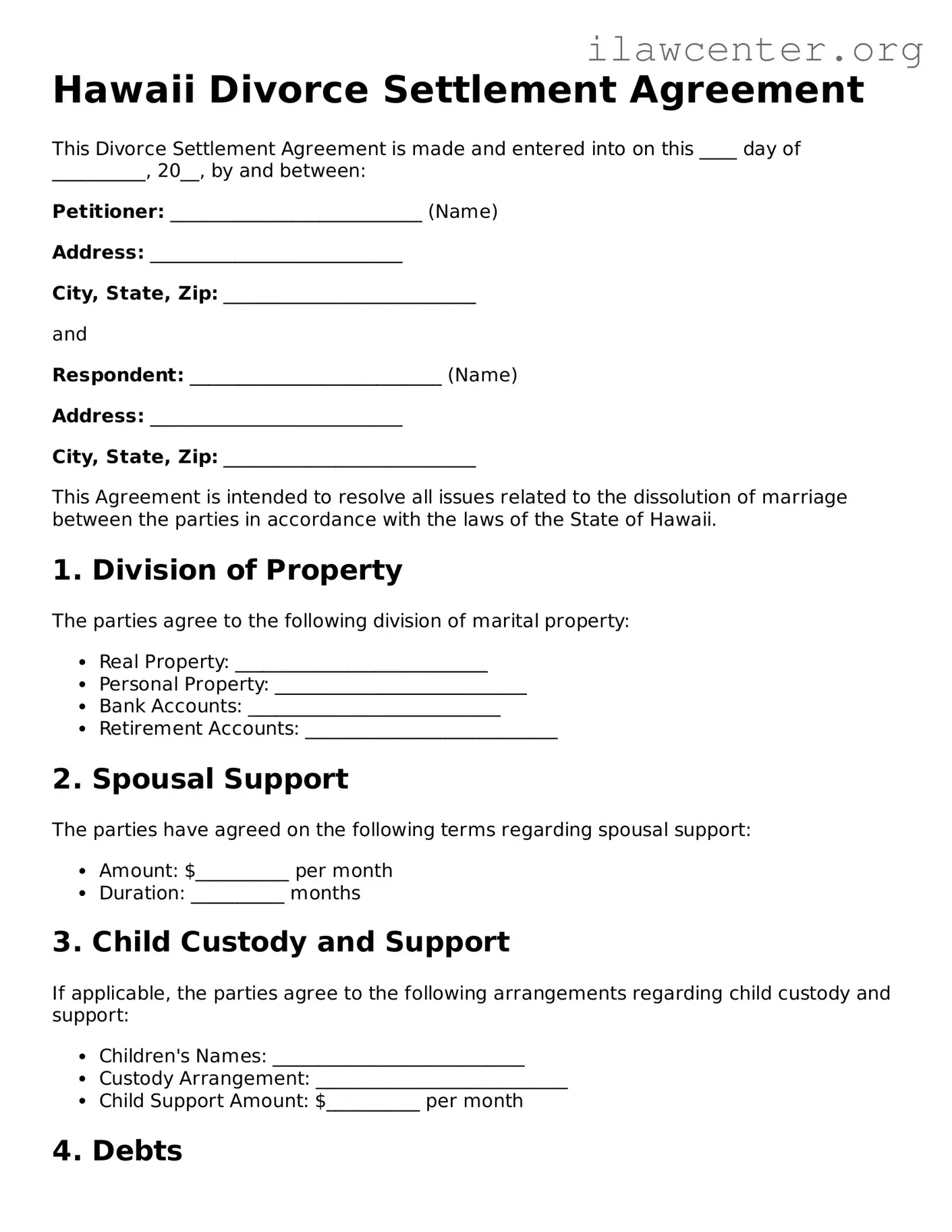 Attorney-Verified  Divorce Settlement Agreement Document for Hawaii