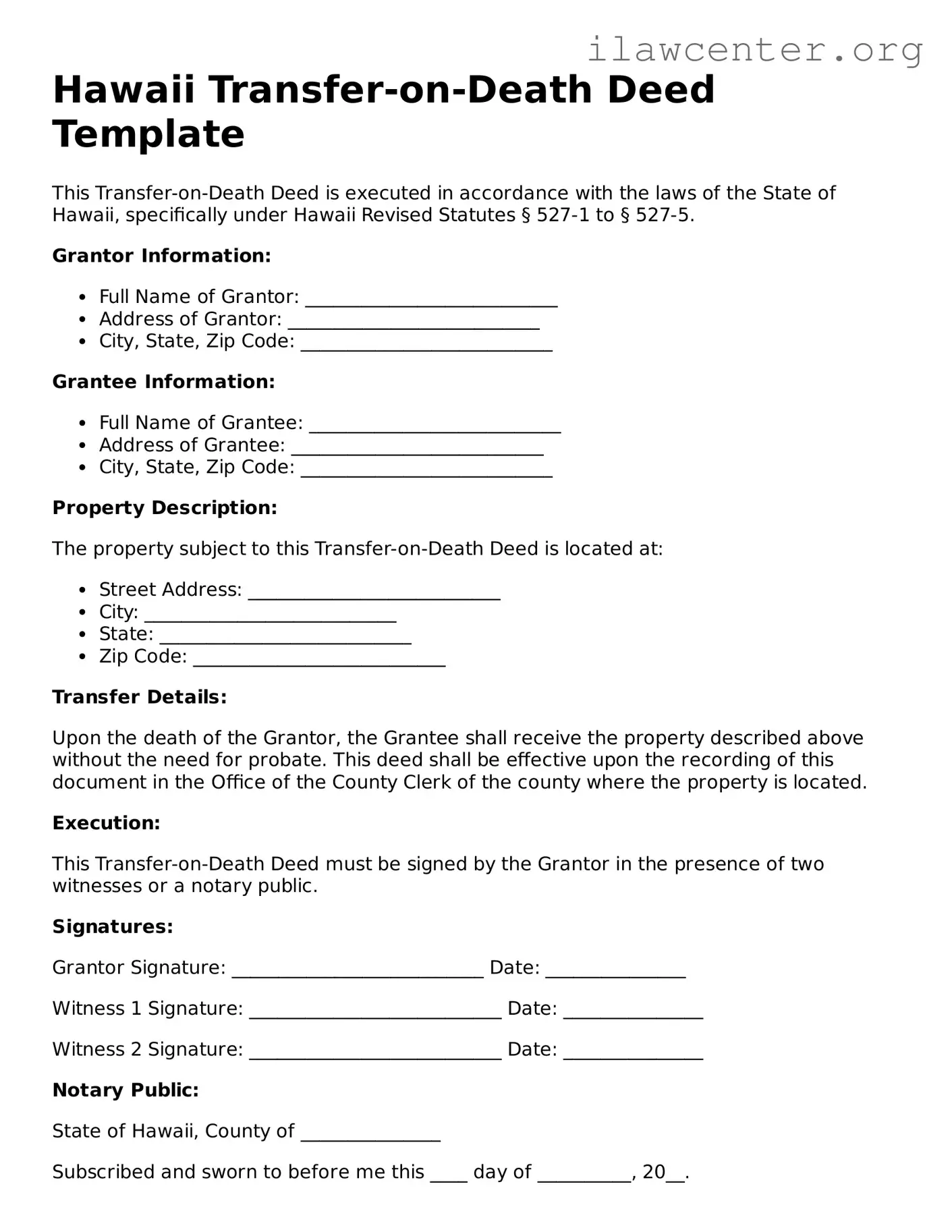 Attorney-Verified  Transfer-on-Death Deed Document for Hawaii