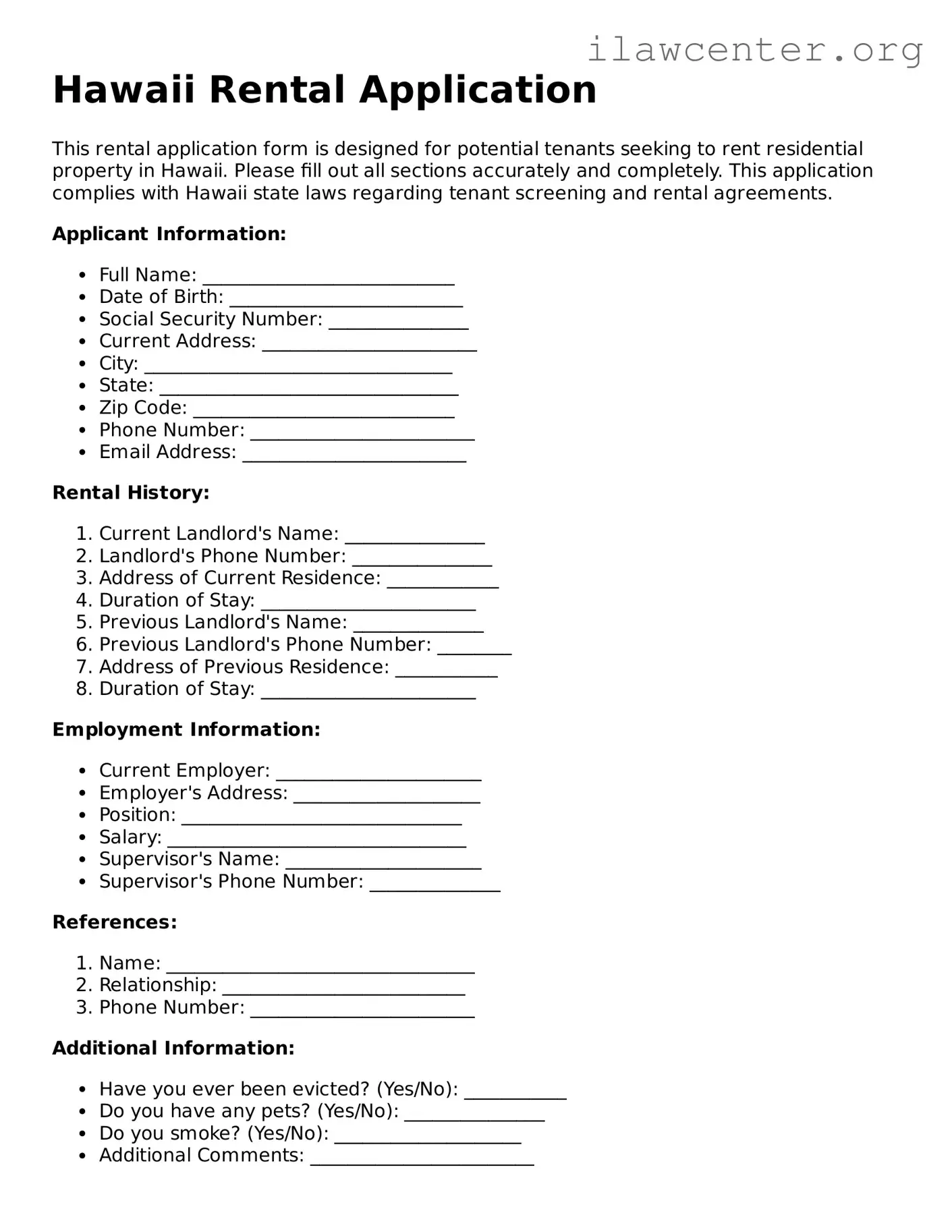 Attorney-Verified  Rental Application Document for Hawaii