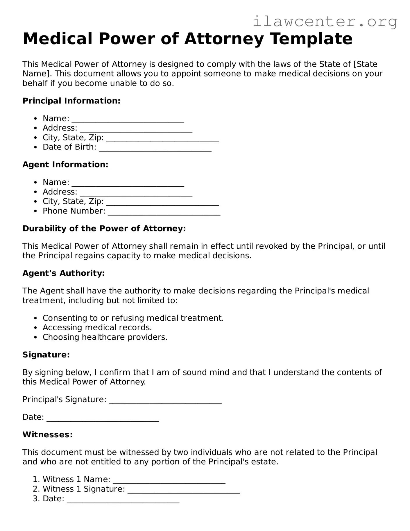 Fillable Medical Power of Attorney Document