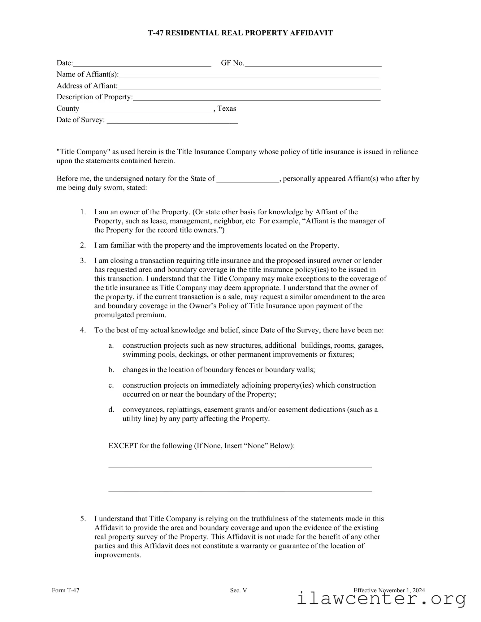 Texas residential property affidavit T-47 PDF Template