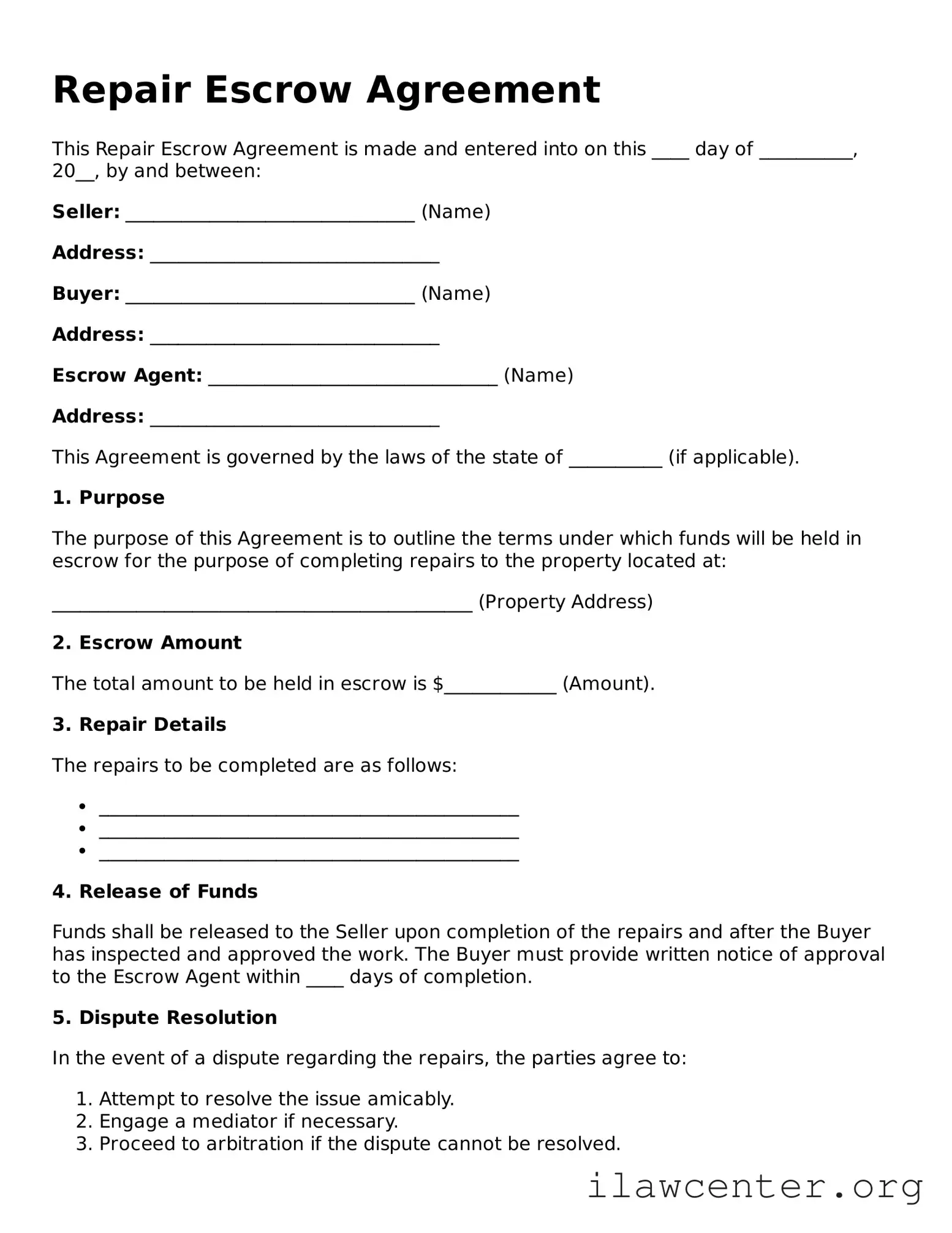 Fillable Repair Escrow Agreement Document