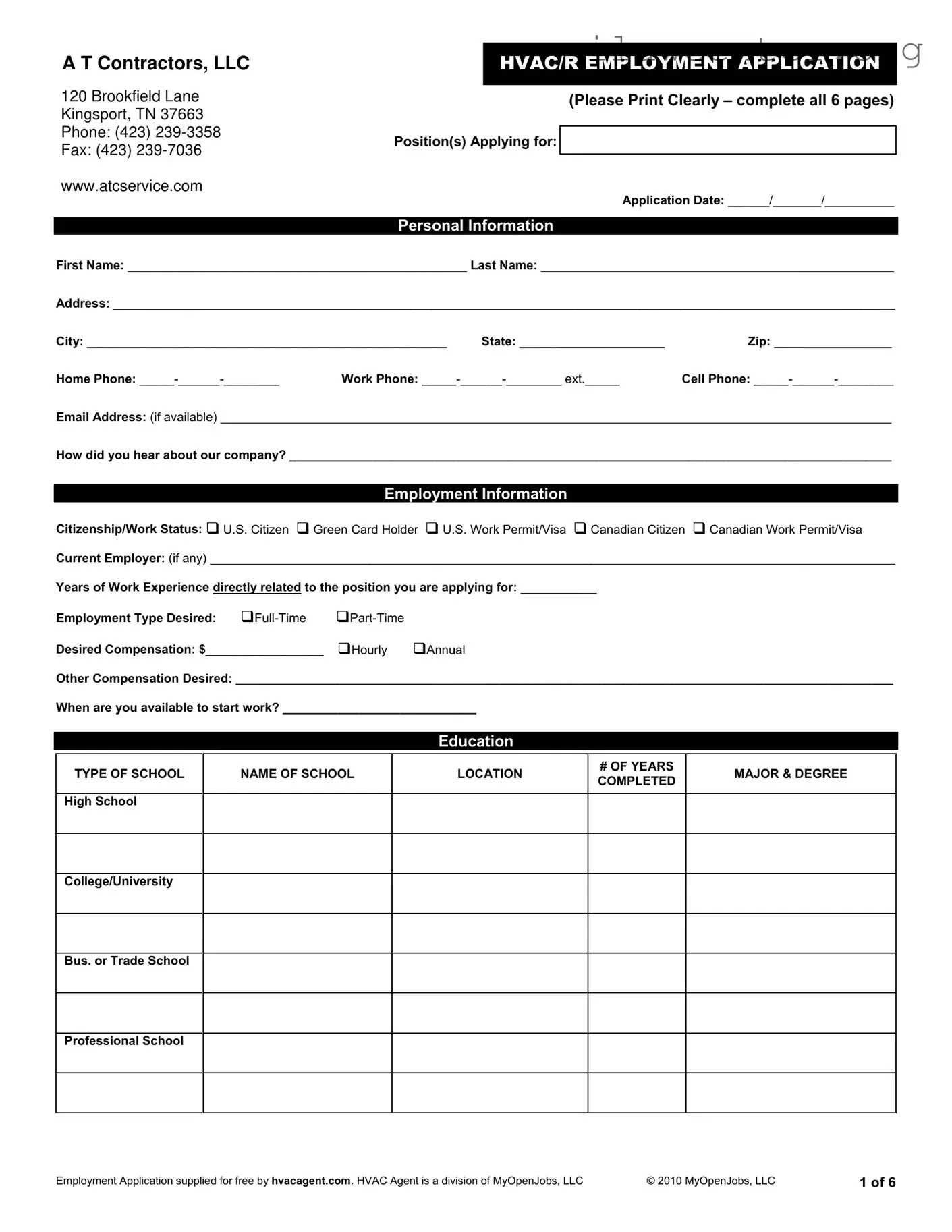 Hvac Job Application PDF Template