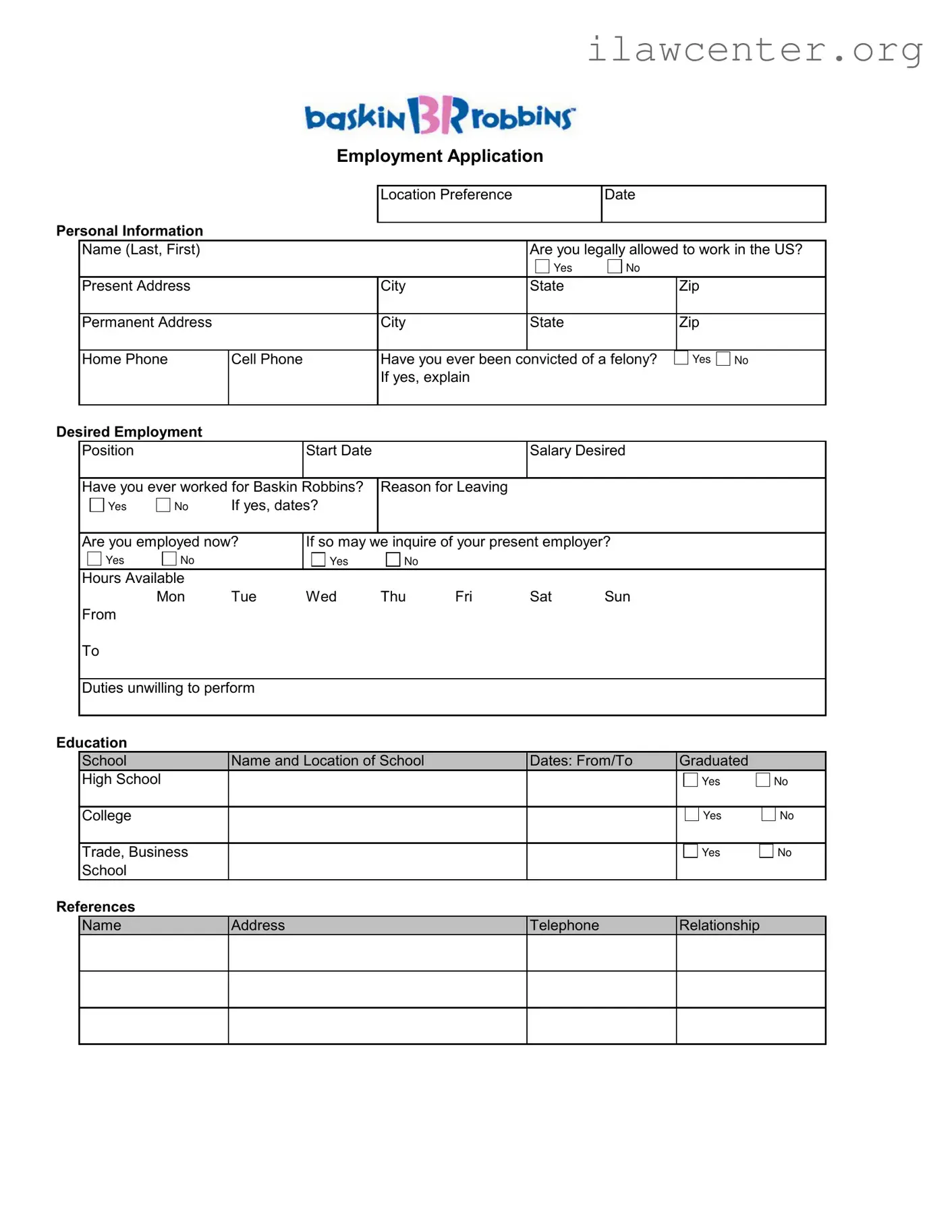 Baskin Robbins Job PDF Template