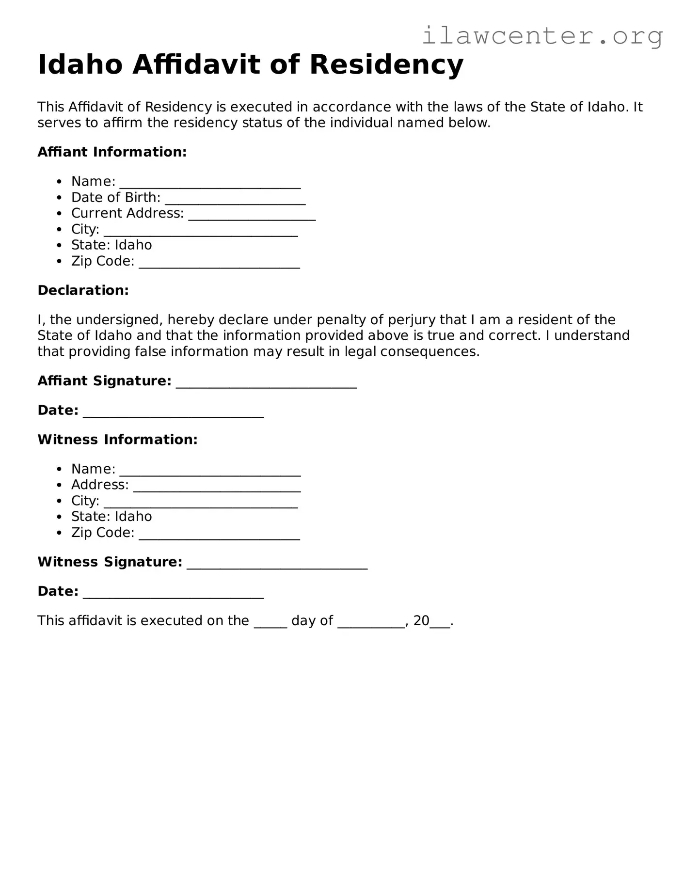 Attorney-Verified  Affidavit of Residency Document for Idaho