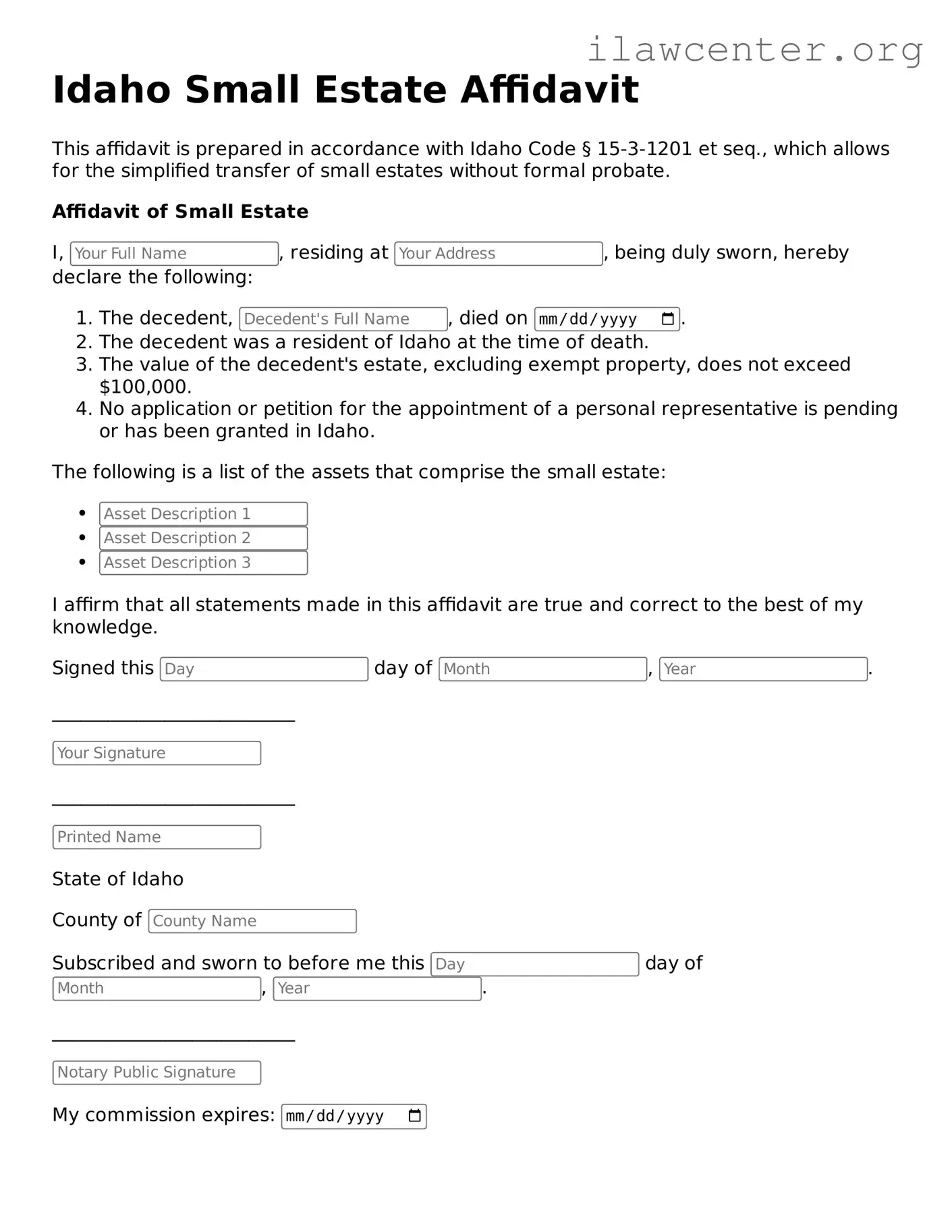 Attorney-Verified  Small Estate Affidavit Document for Idaho