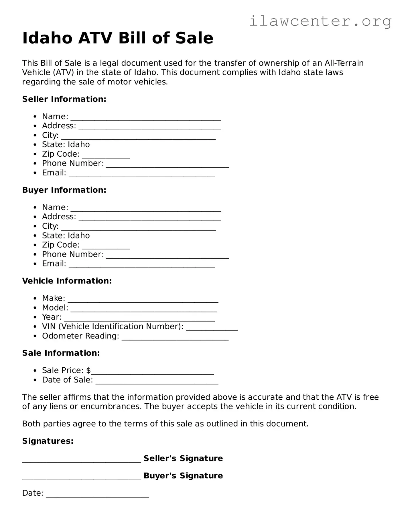 Attorney-Verified  ATV Bill of Sale Document for Idaho