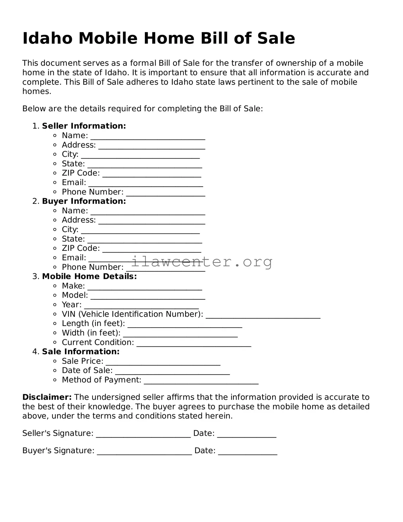 Attorney-Verified  Mobile Home Bill of Sale Document for Idaho