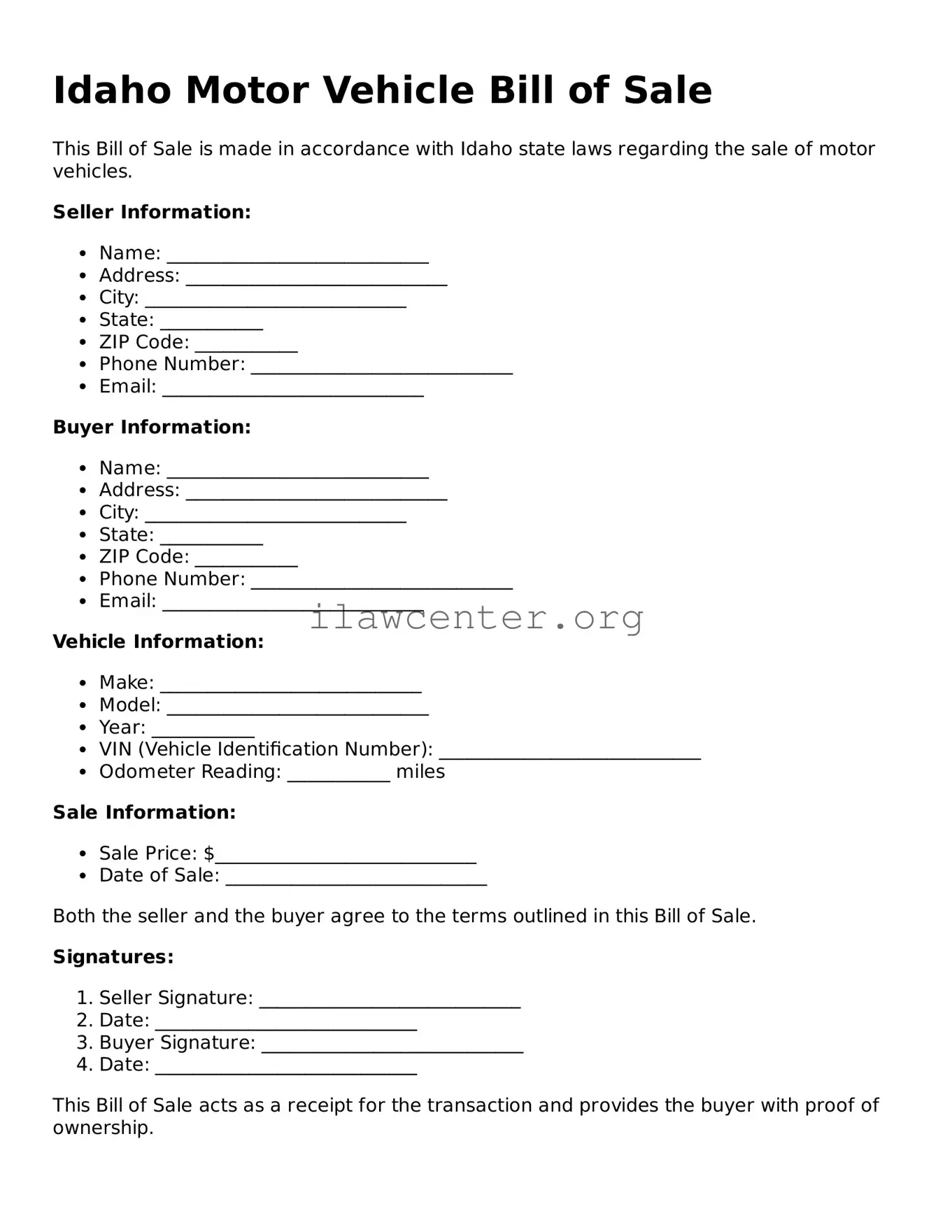 Attorney-Verified  Motor Vehicle Bill of Sale Document for Idaho