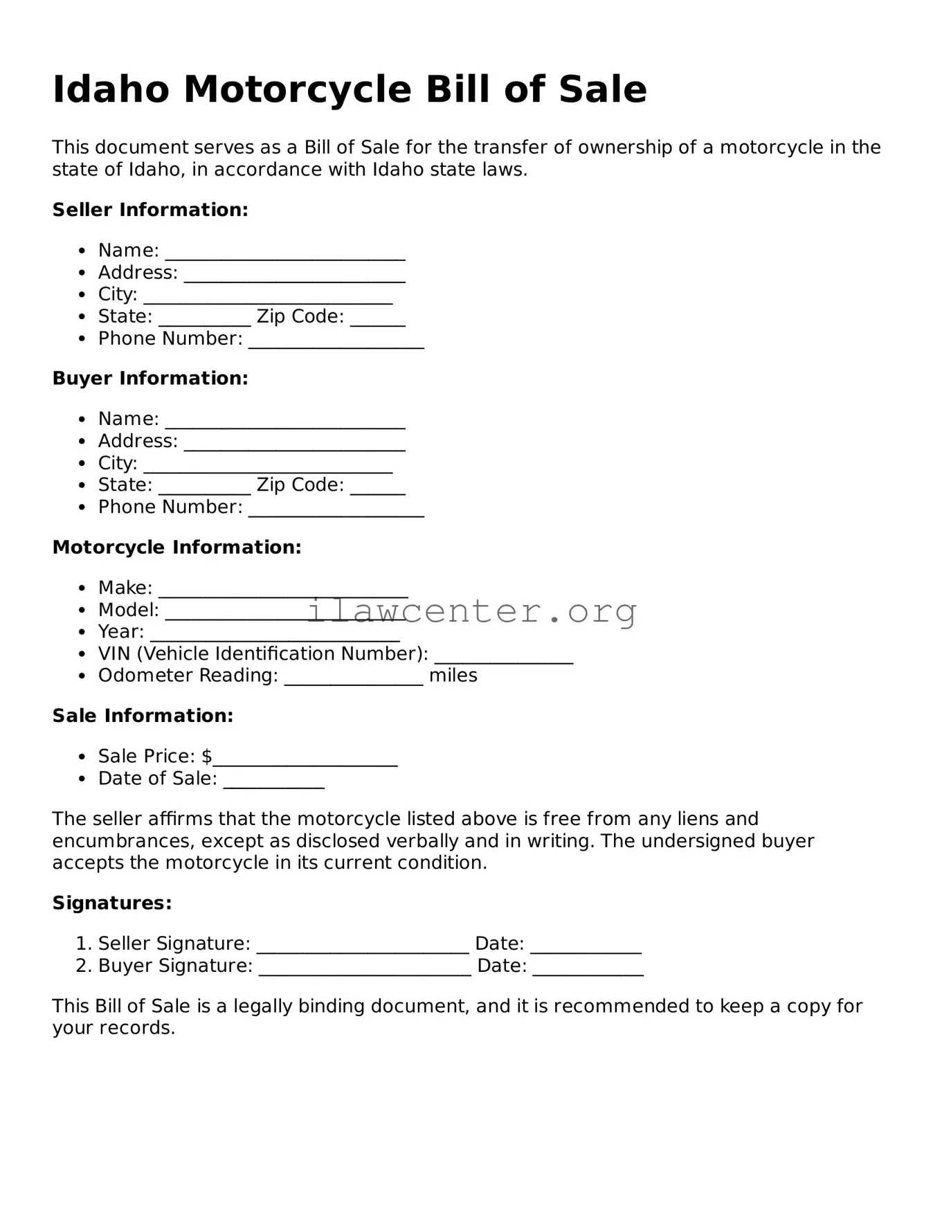 Attorney-Verified  Motorcycle Bill of Sale Document for Idaho
