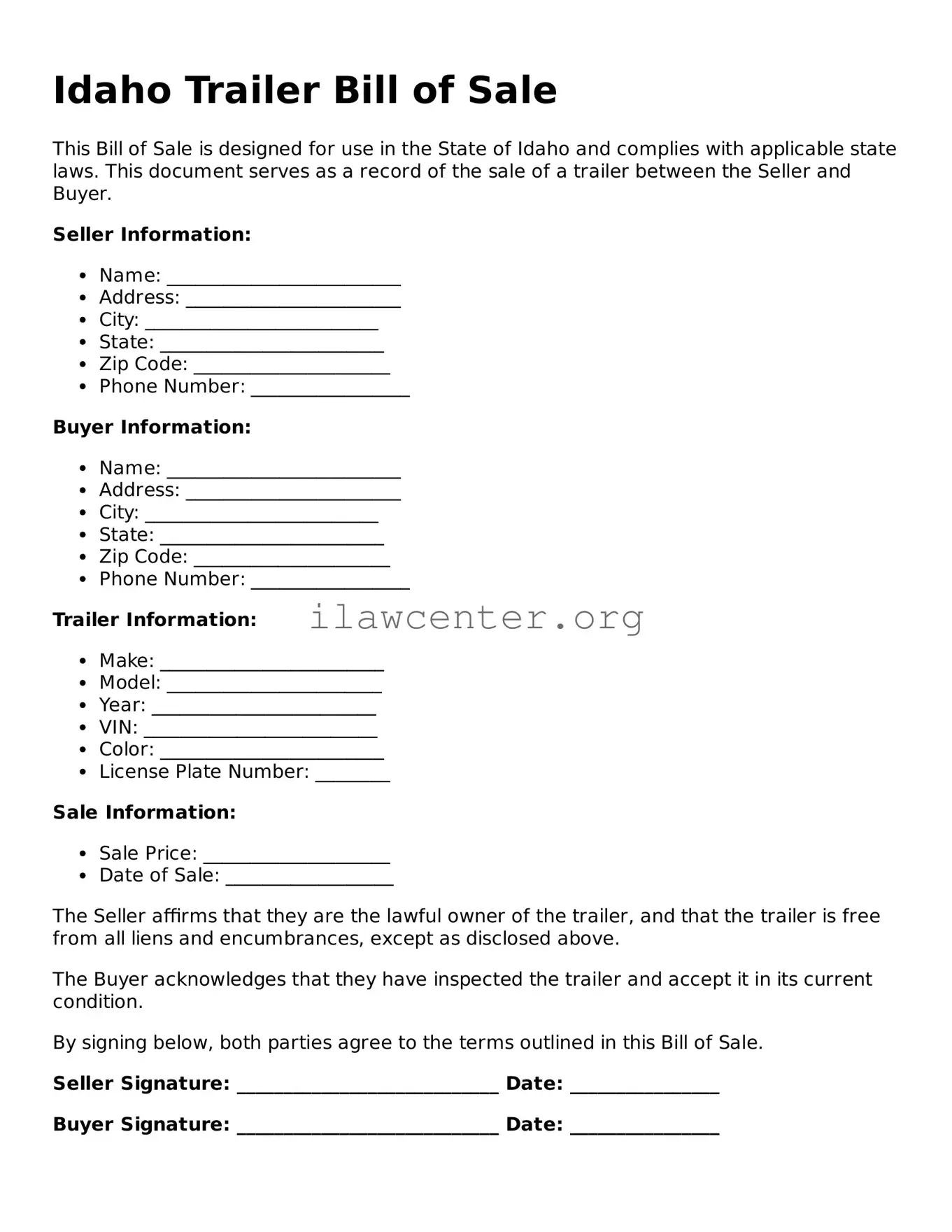 Attorney-Verified  Trailer Bill of Sale Document for Idaho