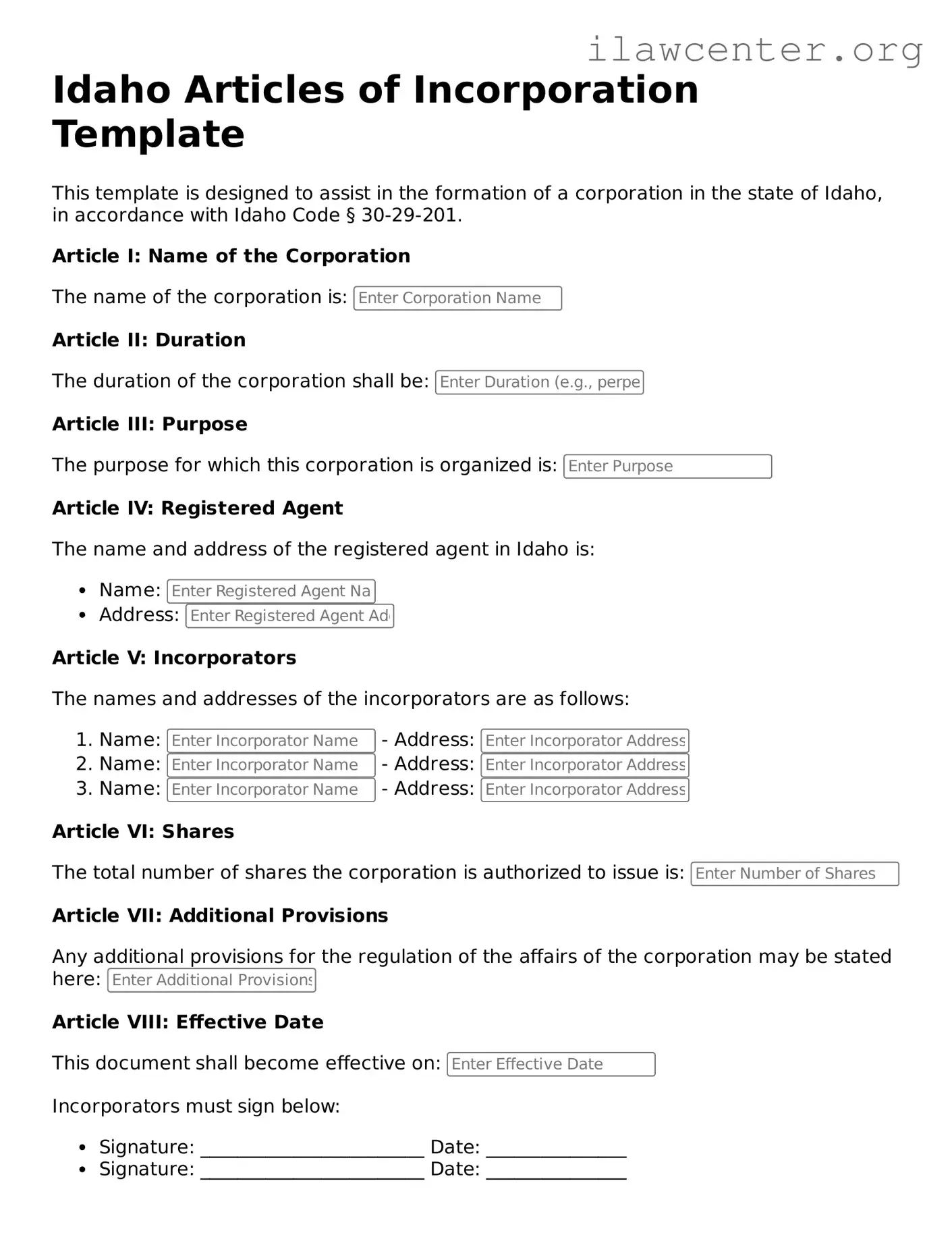 Attorney-Verified  Articles of Incorporation Document for Idaho