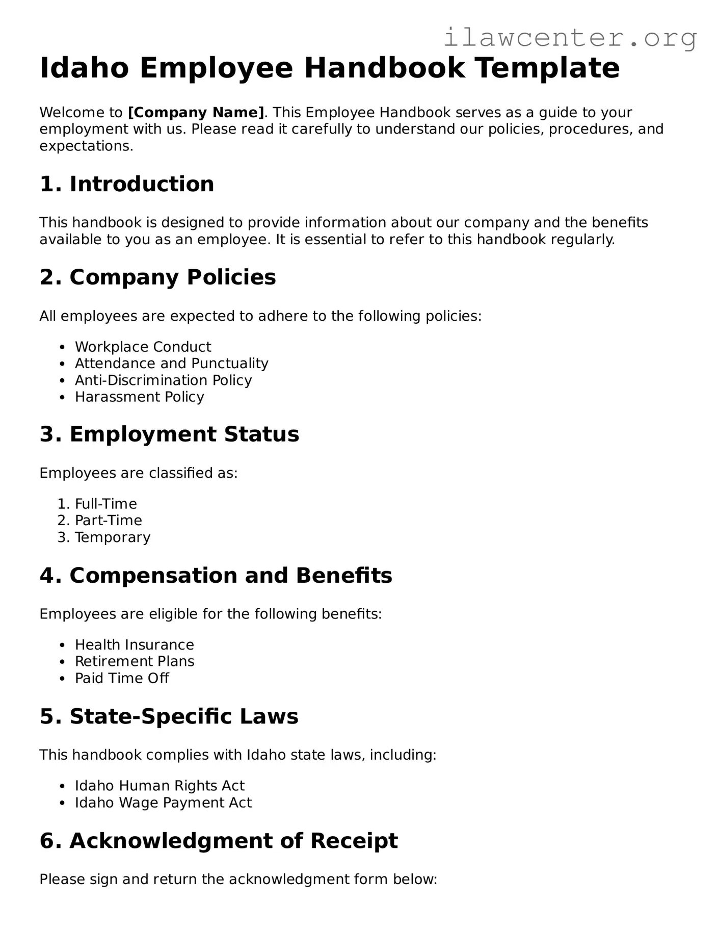 Attorney-Verified  Employee Handbook Document for Idaho