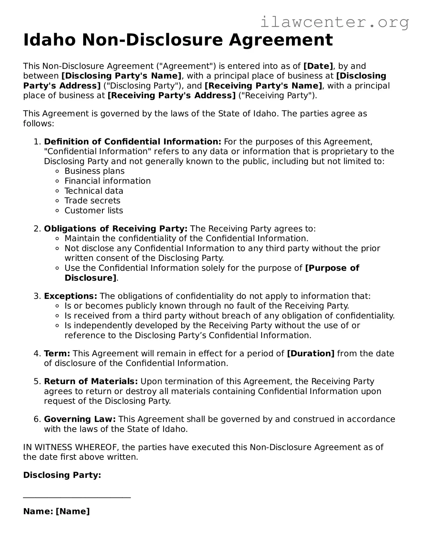 Attorney-Verified  Non-disclosure Agreement Document for Idaho