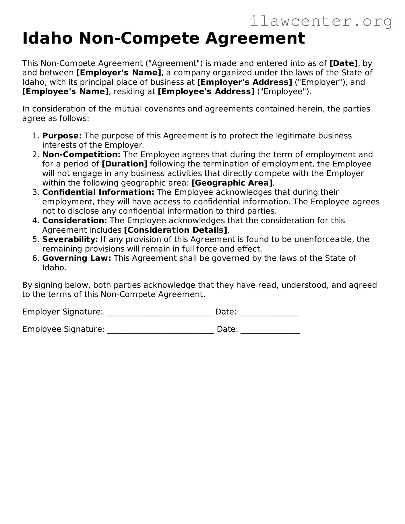 Attorney-Verified  Non-compete Agreement Document for Idaho