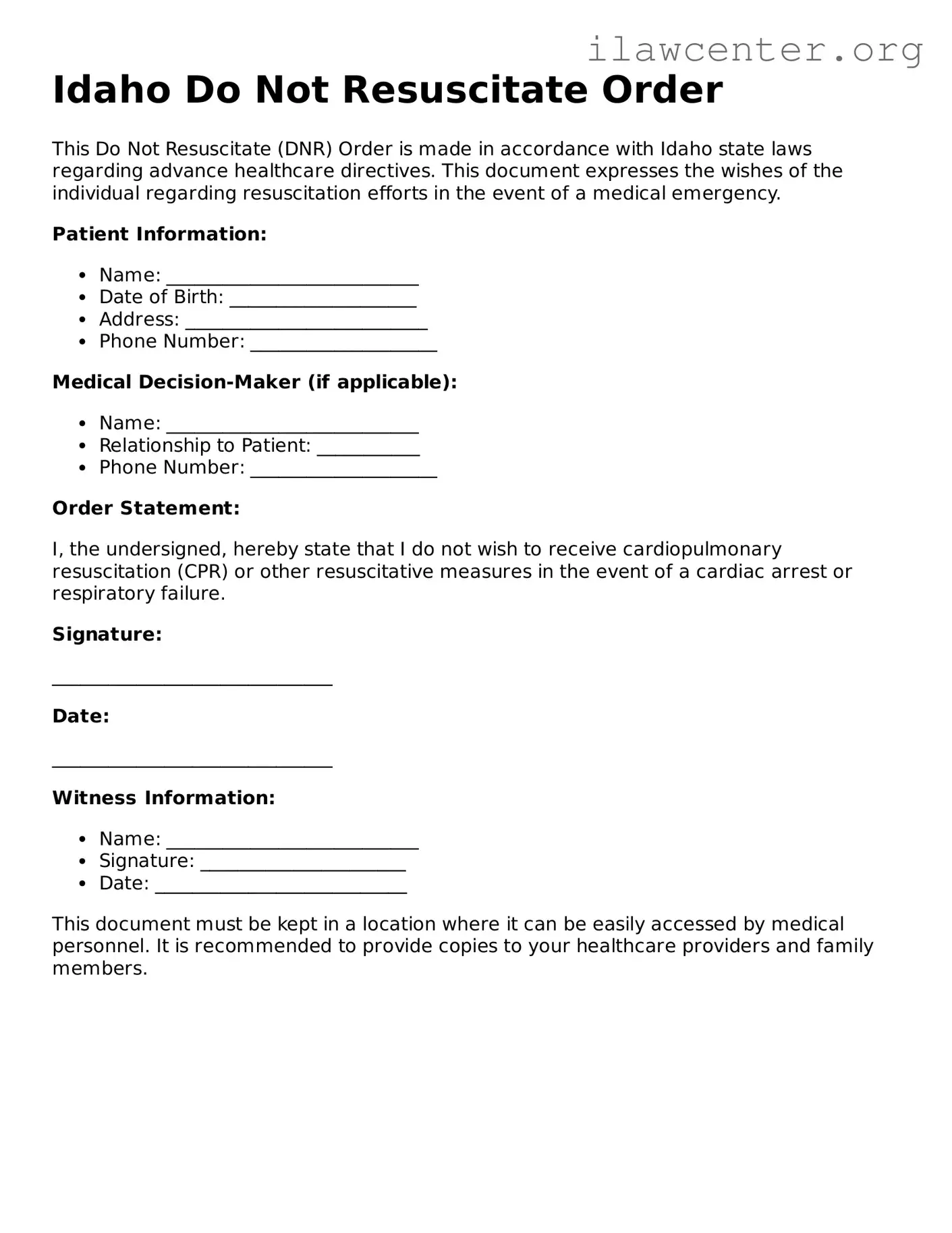 Attorney-Verified  Do Not Resuscitate Order Document for Idaho
