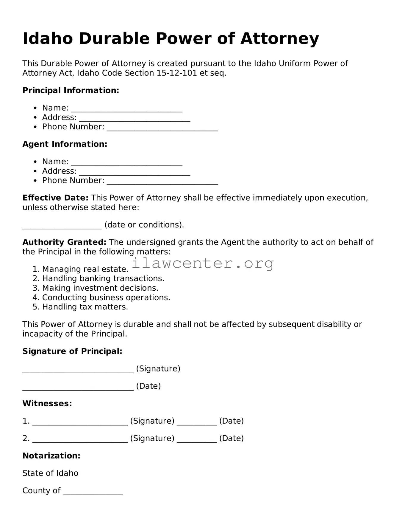 Attorney-Verified  Durable Power of Attorney Document for Idaho