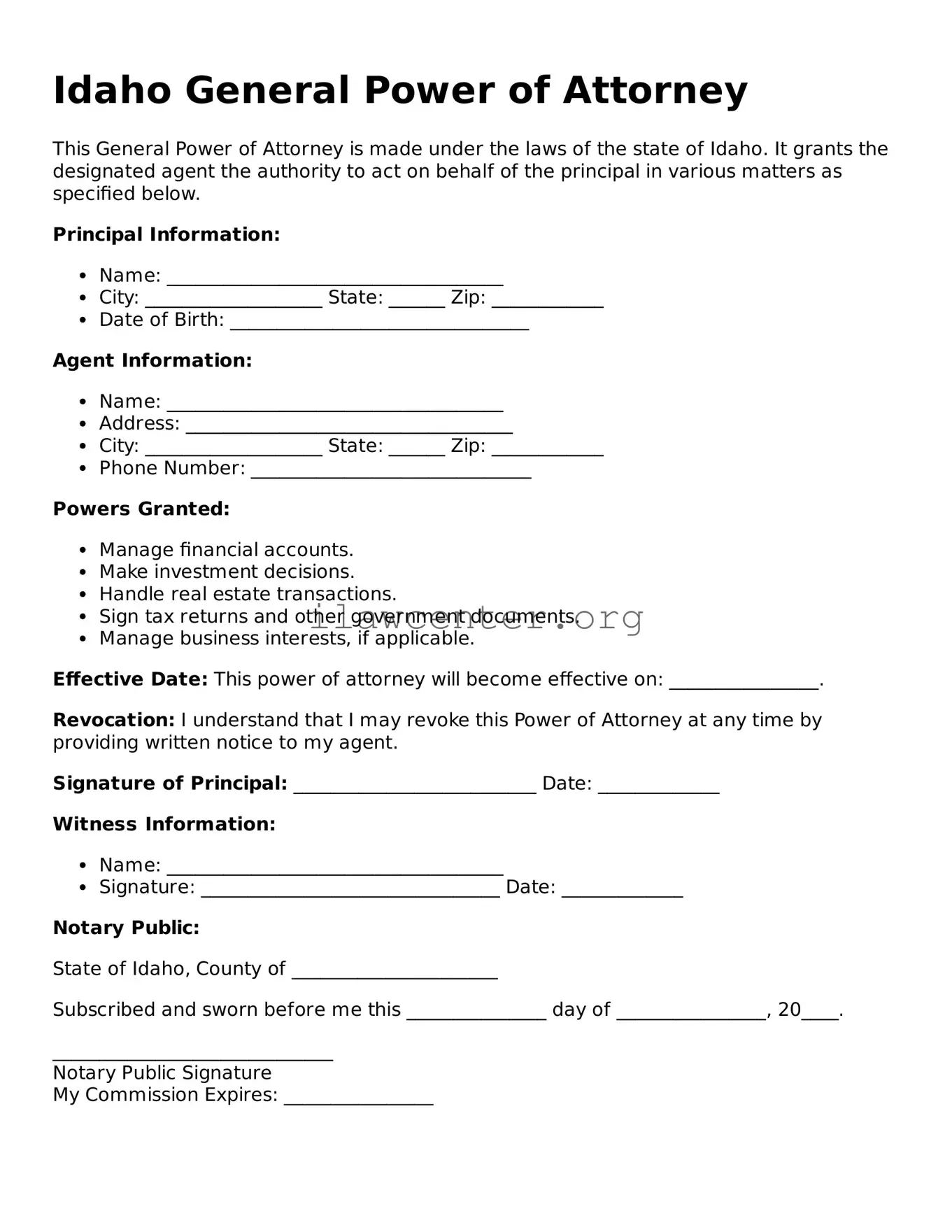 Attorney-Verified  General Power of Attorney Document for Idaho