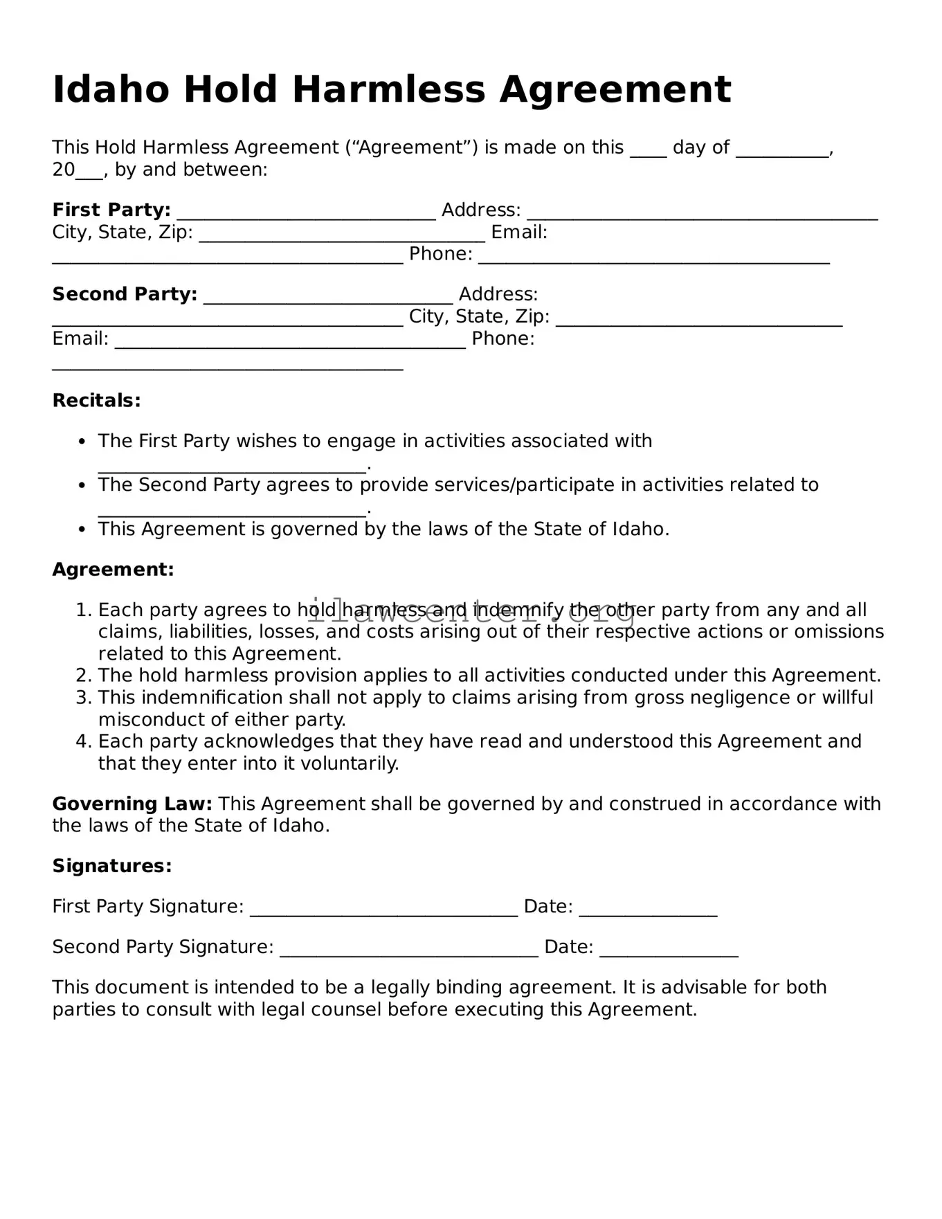 Attorney-Verified  Hold Harmless Agreement Document for Idaho
