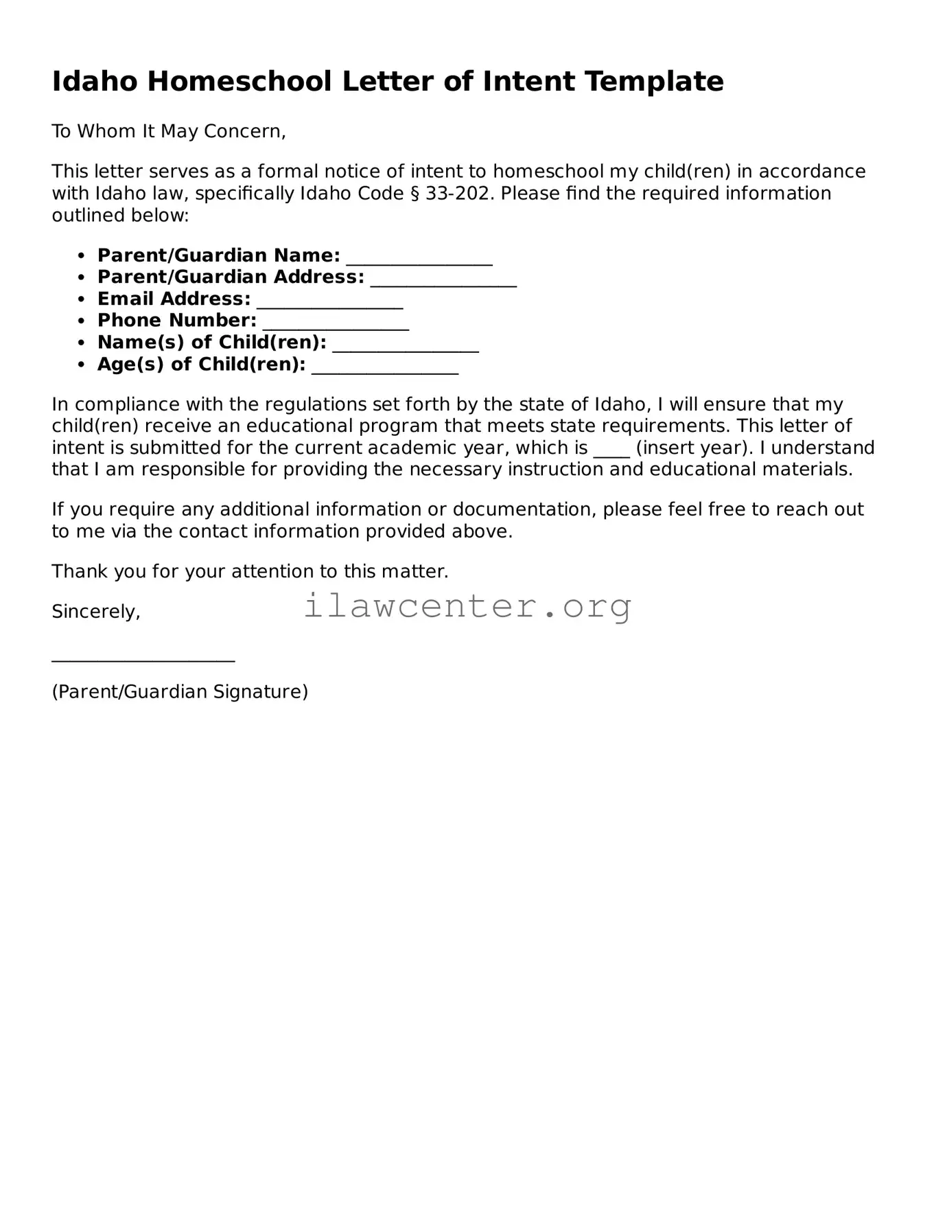 Attorney-Verified  Homeschool Letter of Intent Document for Idaho