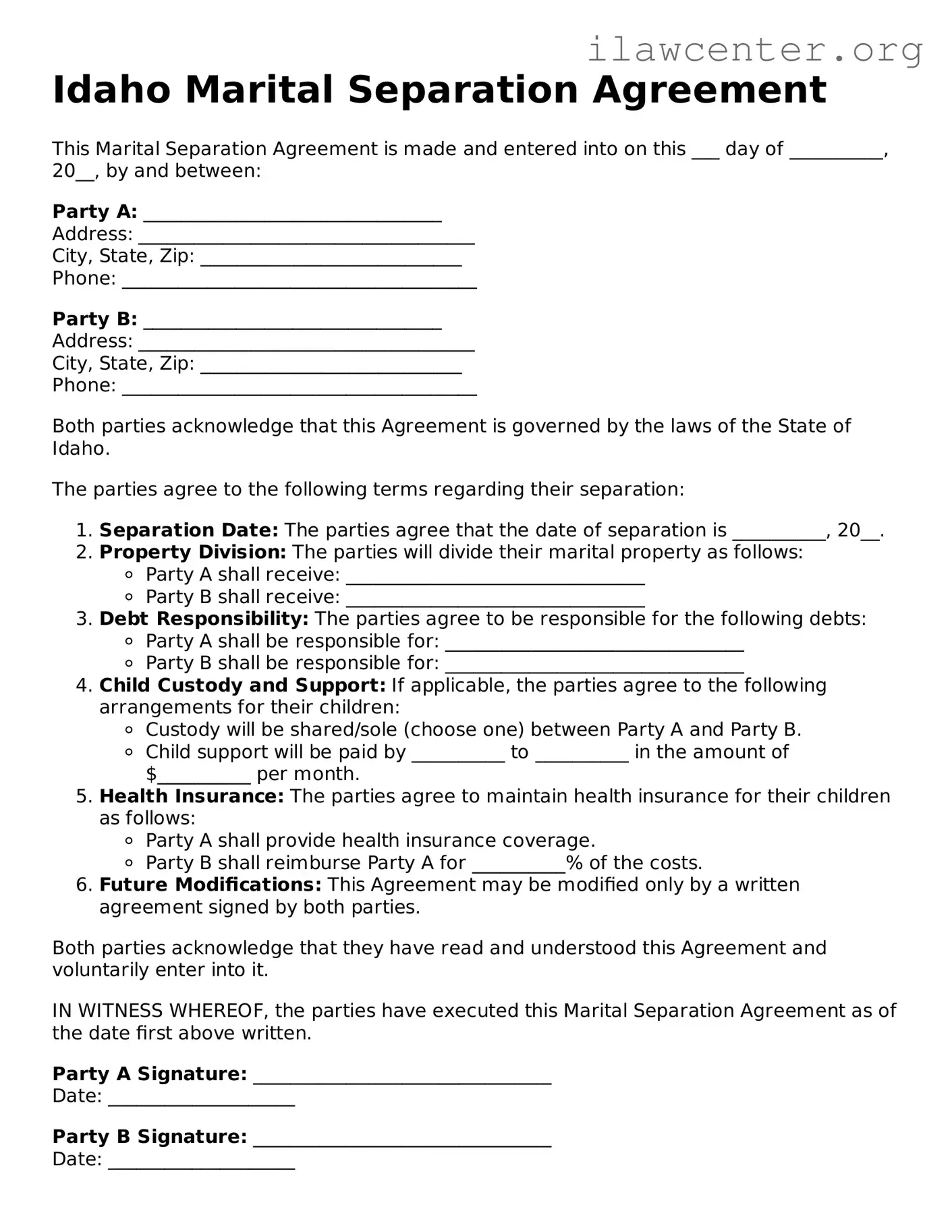 Attorney-Verified  Marital Separation Agreement Document for Idaho