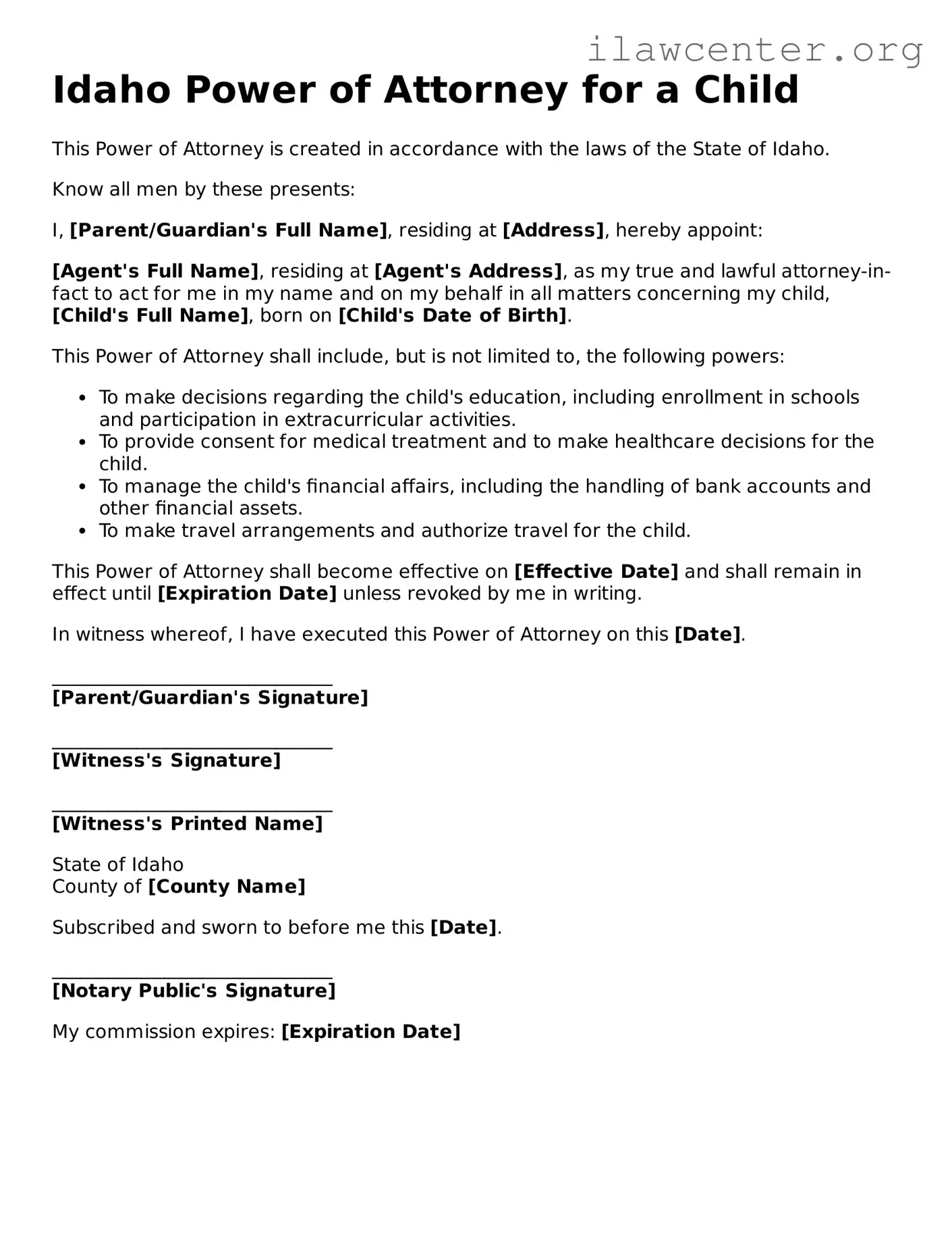 Attorney-Verified  Power of Attorney for a Child Document for Idaho