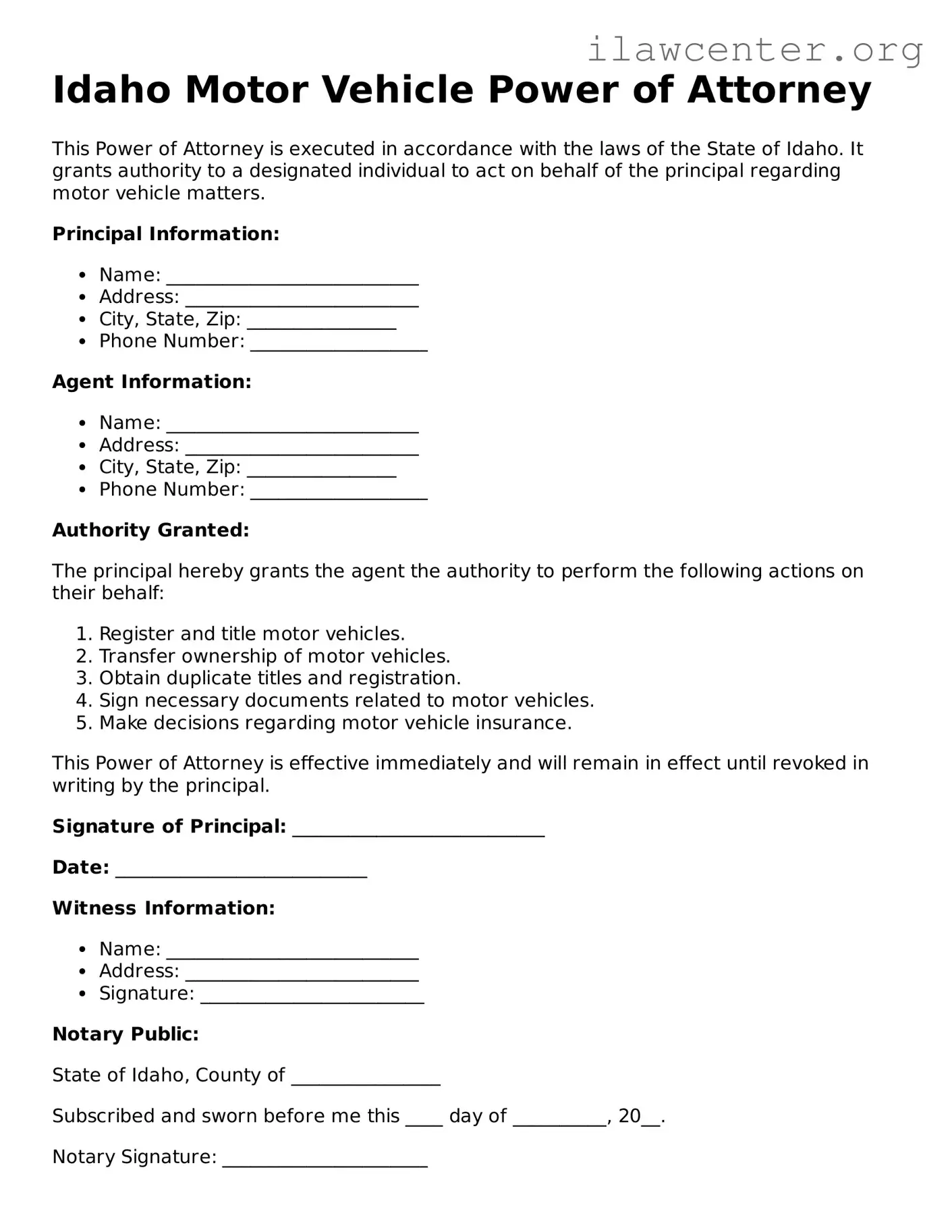 Attorney-Verified  Motor Vehicle Power of Attorney Document for Idaho