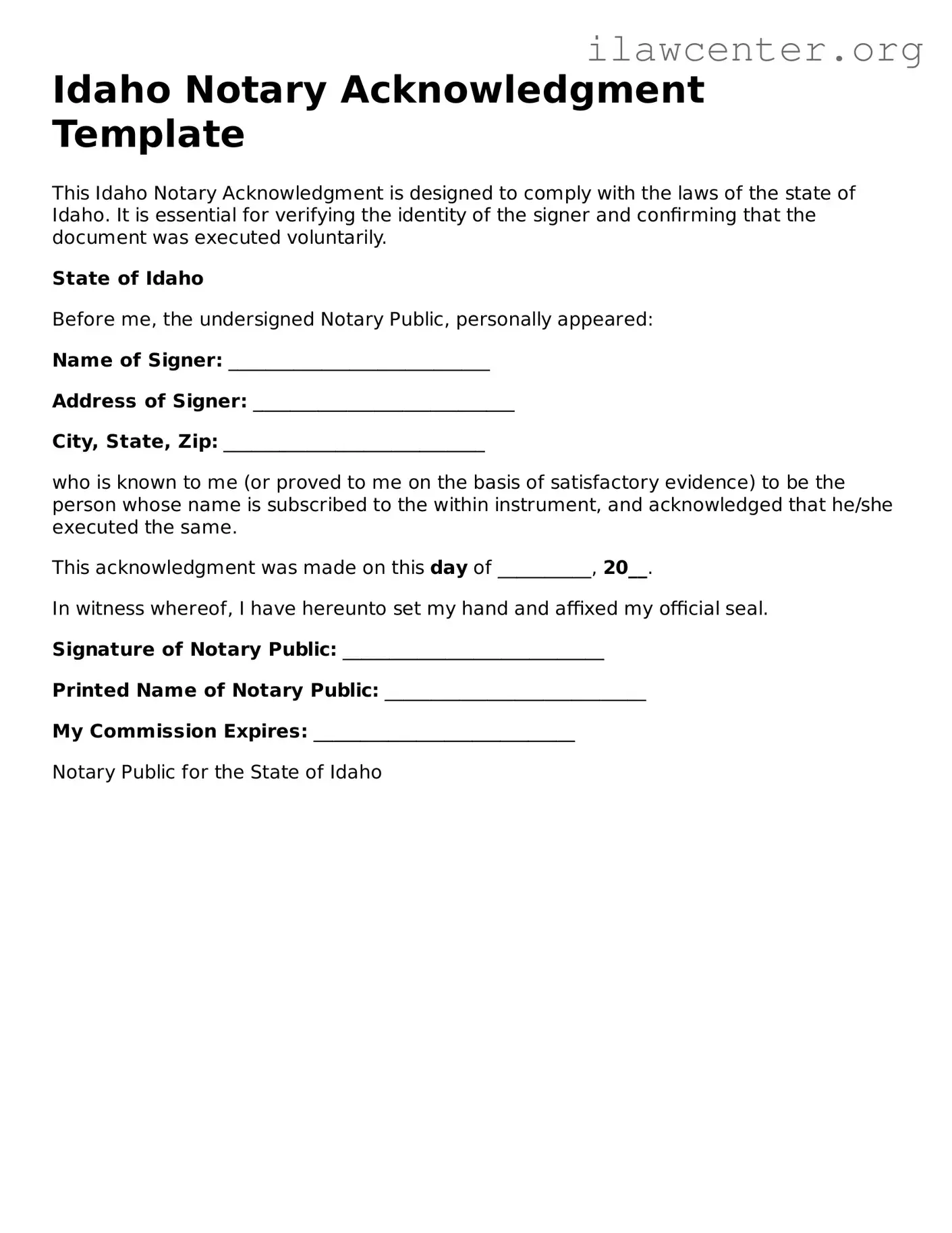 Attorney-Verified  Notary Acknowledgement Document for Idaho