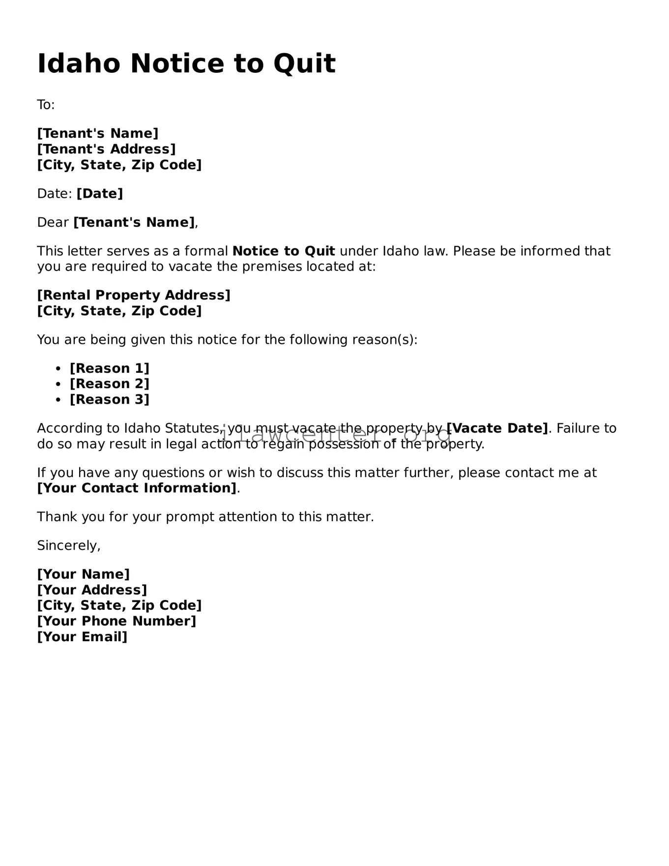 Attorney-Verified  Notice to Quit Document for Idaho