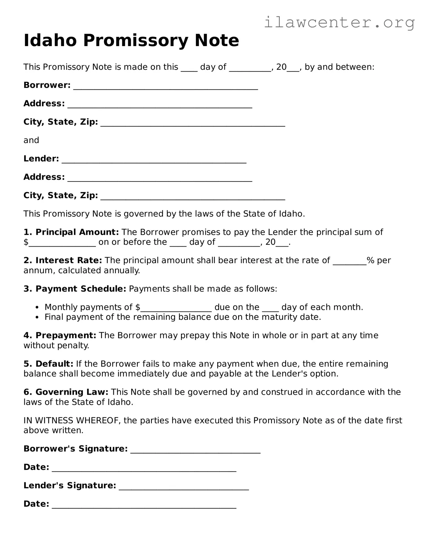 Attorney-Verified  Promissory Note Document for Idaho