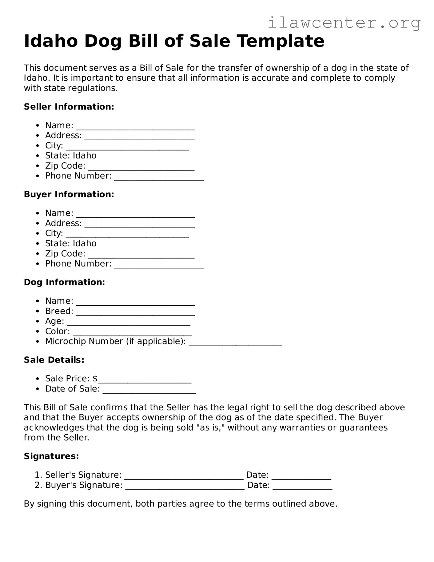 Attorney-Verified  Dog Bill of Sale Document for Idaho