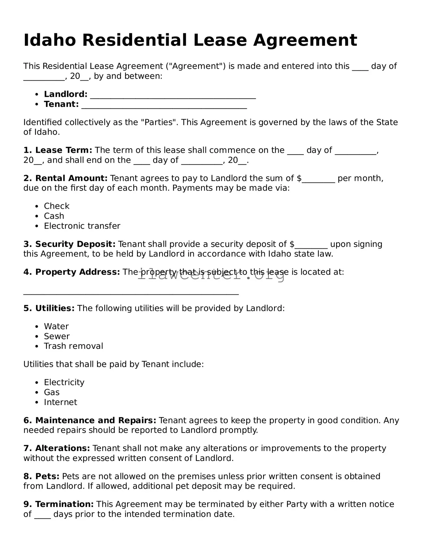 Attorney-Verified  Residential Lease Agreement Document for Idaho