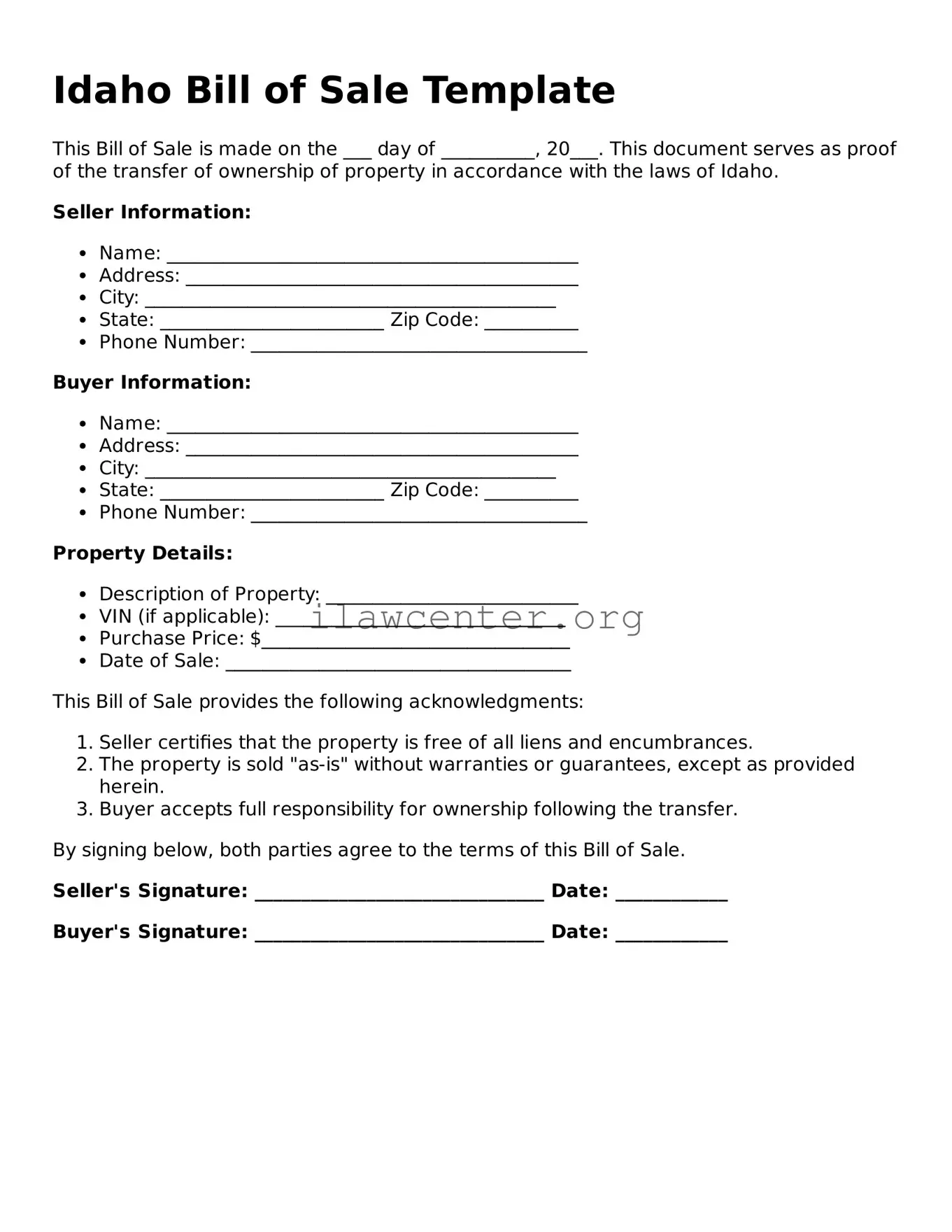Attorney-Verified  Bill of Sale Document for Idaho