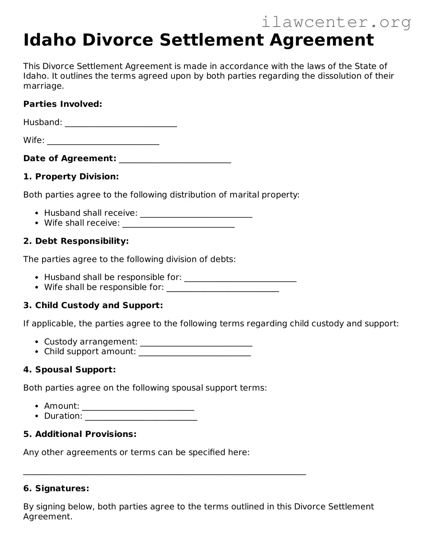 Attorney-Verified  Divorce Settlement Agreement Document for Idaho