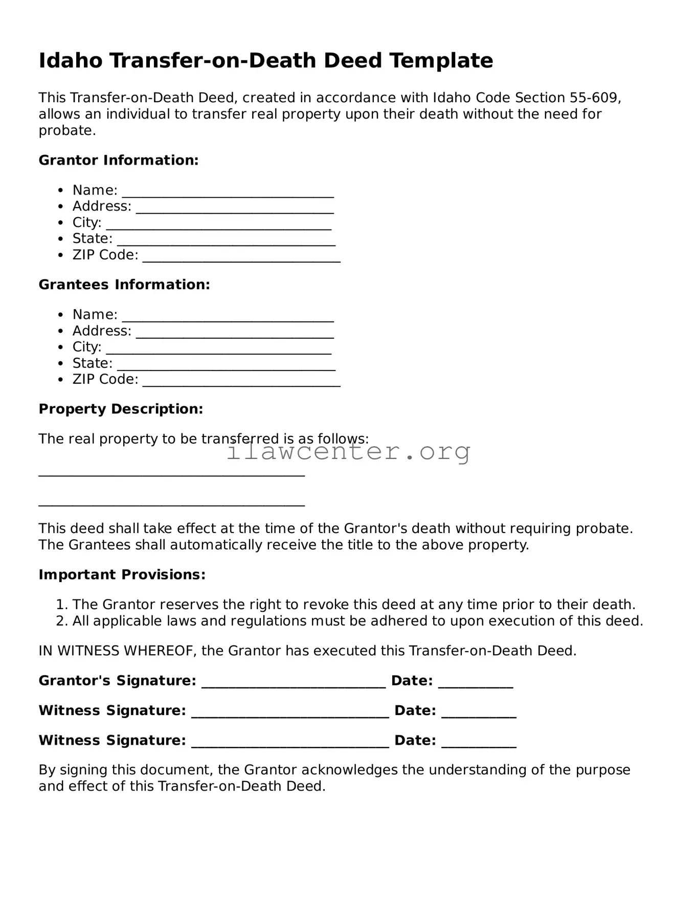 Attorney-Verified  Transfer-on-Death Deed Document for Idaho