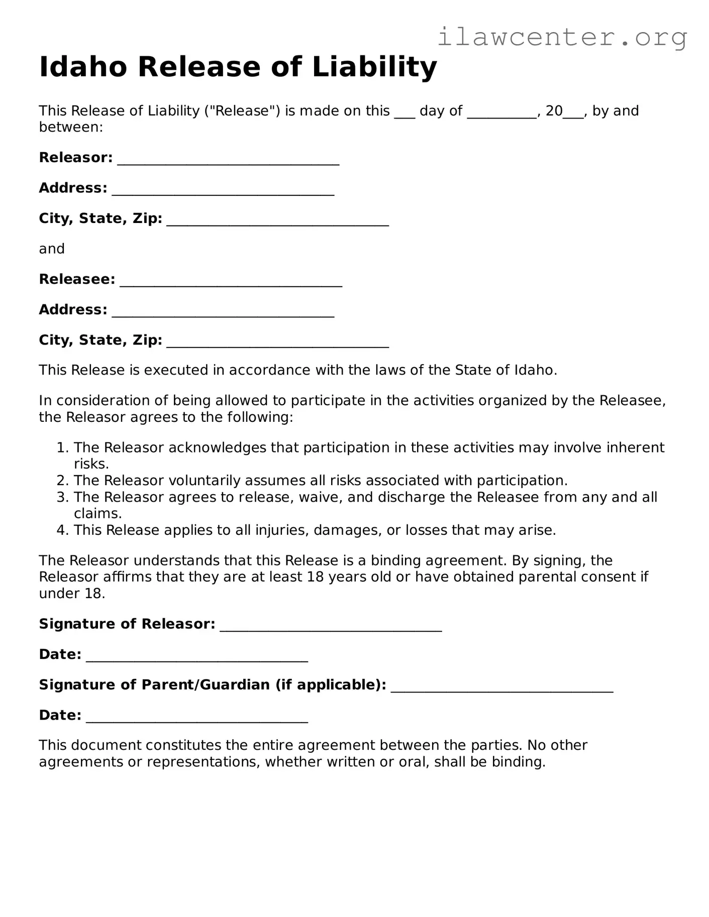 Attorney-Verified  Release of Liability Document for Idaho